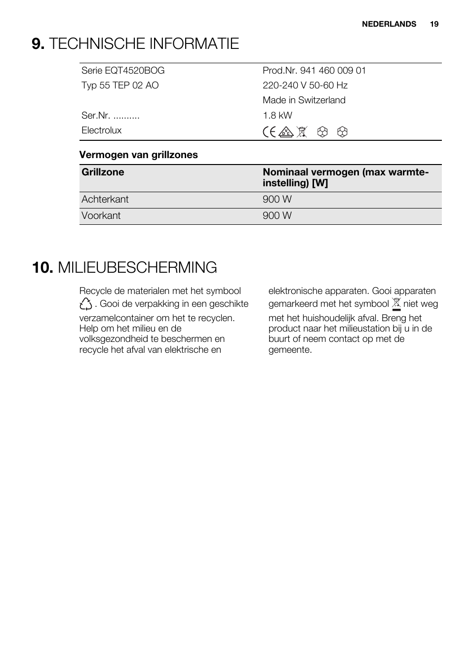 Technische informatie, Milieubescherming | Electrolux EQT4520BOG User Manual | Page 19 / 76