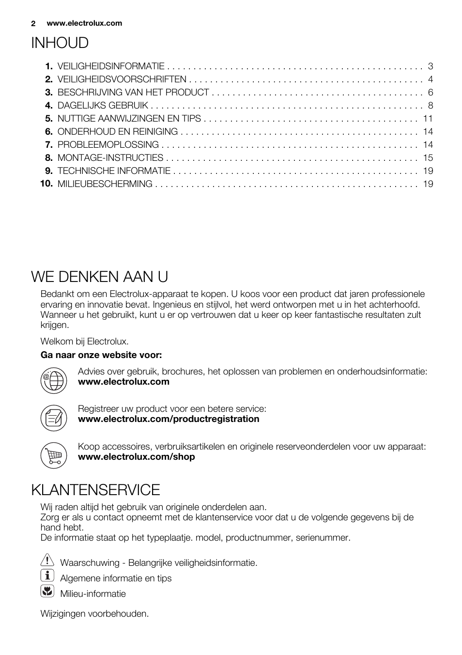 Inhoud, We denken aan u, Klantenservice | Electrolux EQT4520BOG User Manual | Page 2 / 76