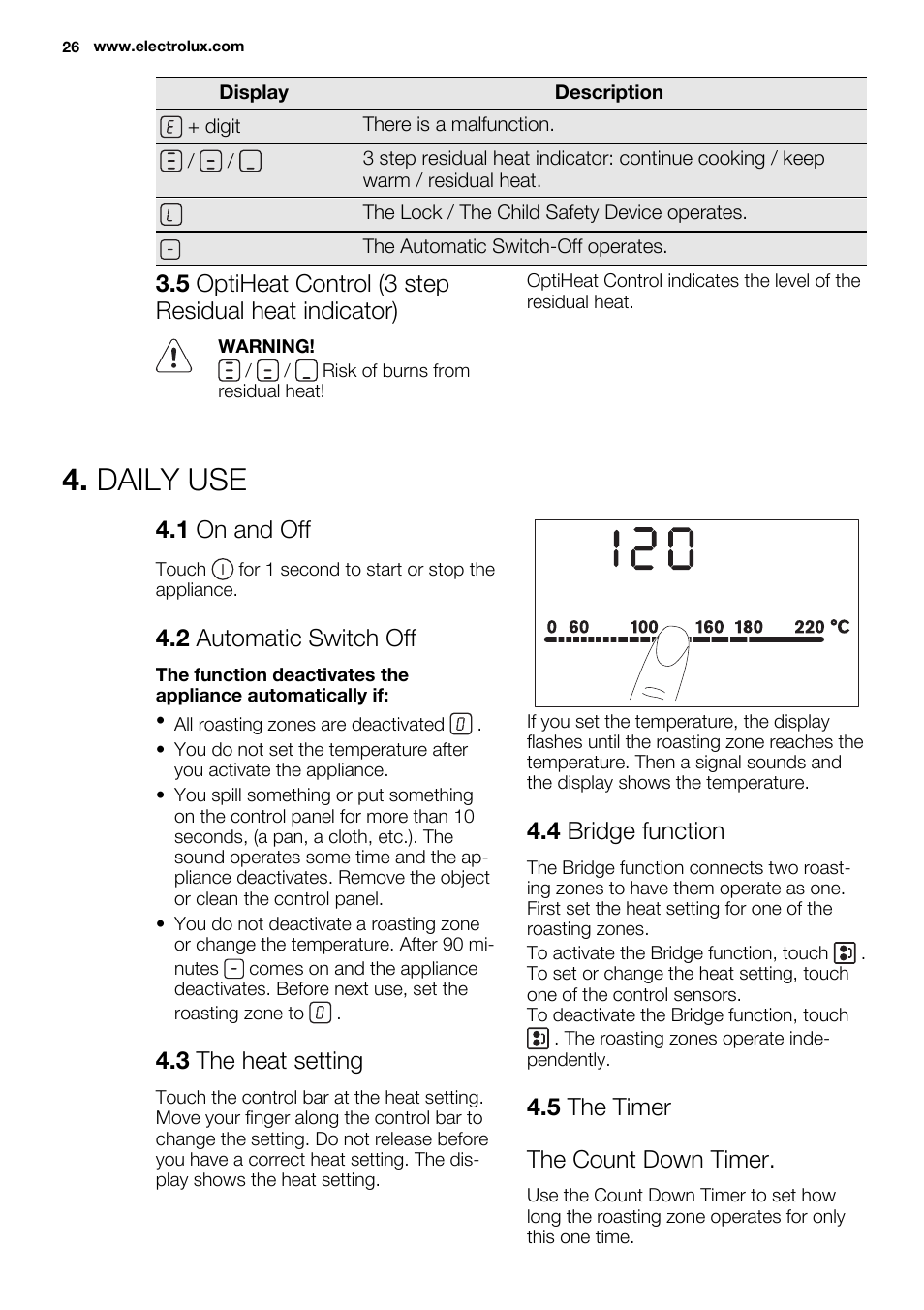 Daily use, 1 on and off, 2 automatic switch off | 3 the heat setting, 4 bridge function, 5 the timer the count down timer | Electrolux EQT4520BOG User Manual | Page 26 / 76