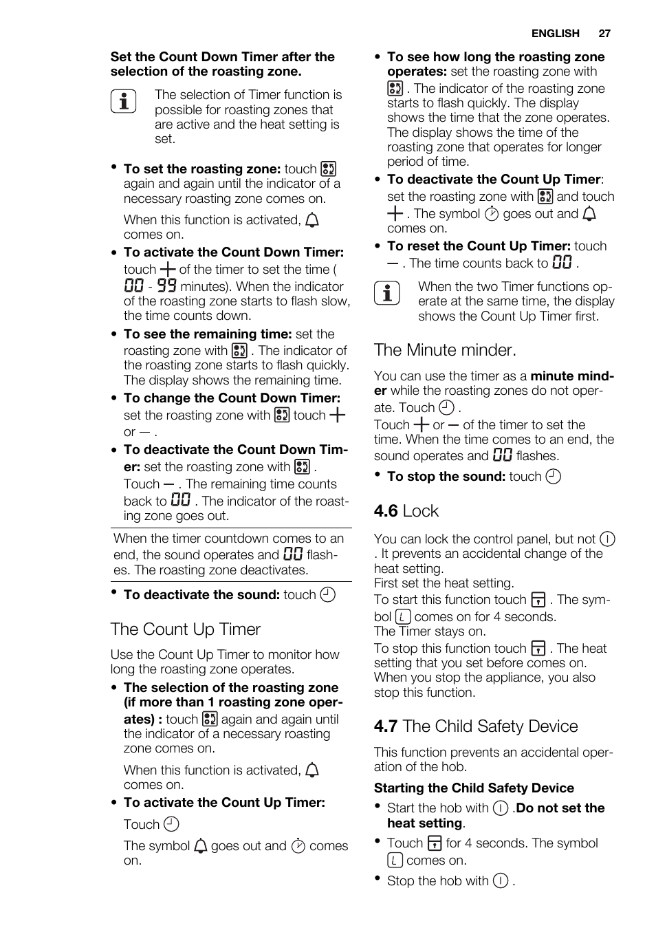 The count up timer, The minute minder, 6 lock | 7 the child safety device | Electrolux EQT4520BOG User Manual | Page 27 / 76