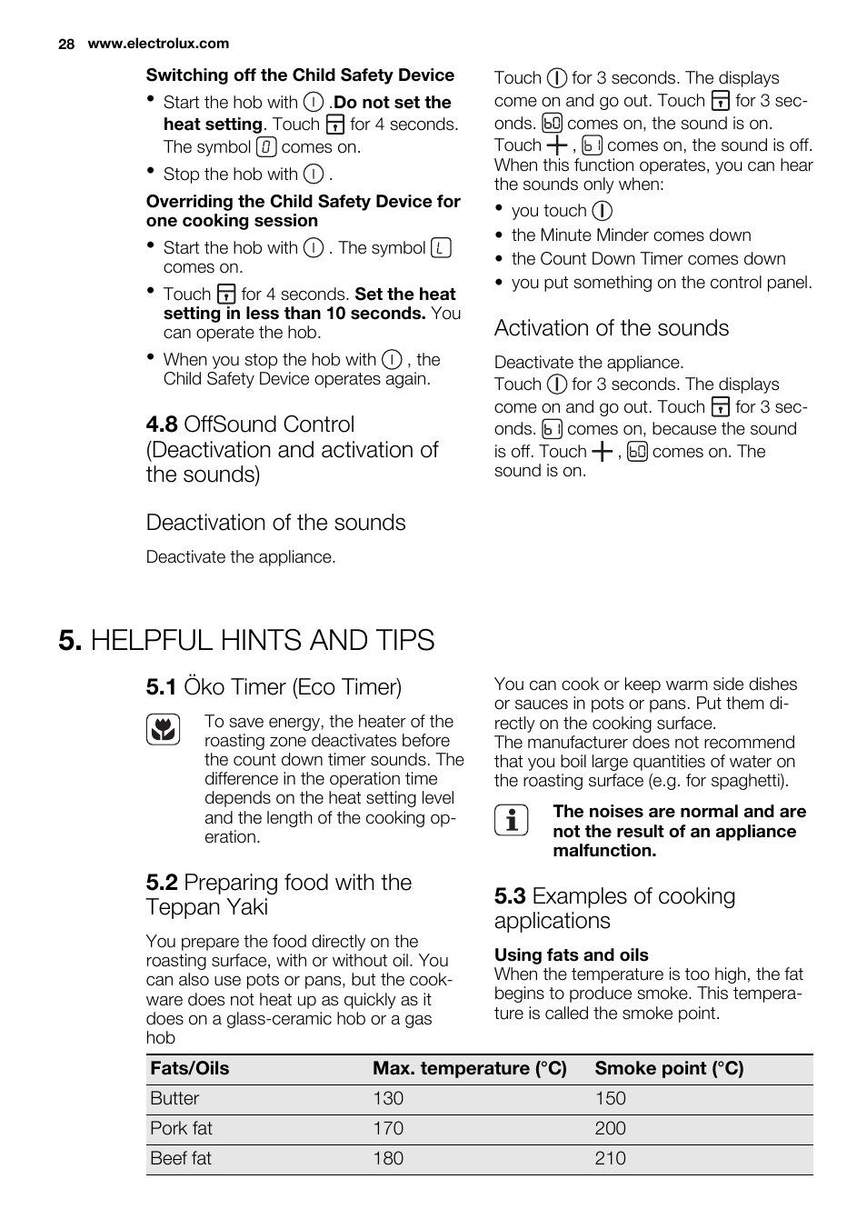 Helpful hints and tips, Activation of the sounds, 1 öko timer (eco timer) | 2 preparing food with the teppan yaki, 3 examples of cooking applications | Electrolux EQT4520BOG User Manual | Page 28 / 76