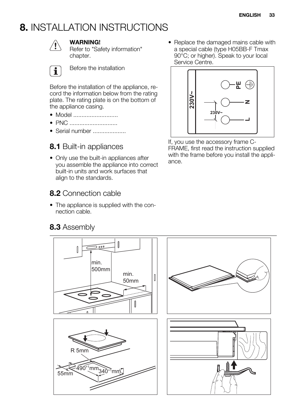 Installation instructions, 1 built-in appliances, 2 connection cable | 3 assembly | Electrolux EQT4520BOG User Manual | Page 33 / 76