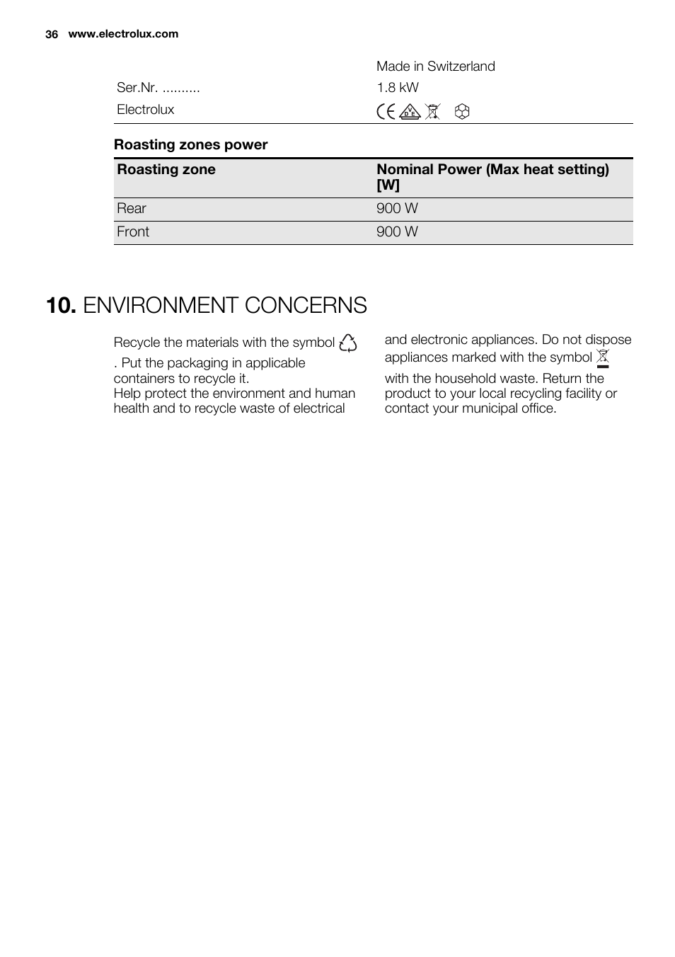 Environment concerns | Electrolux EQT4520BOG User Manual | Page 36 / 76