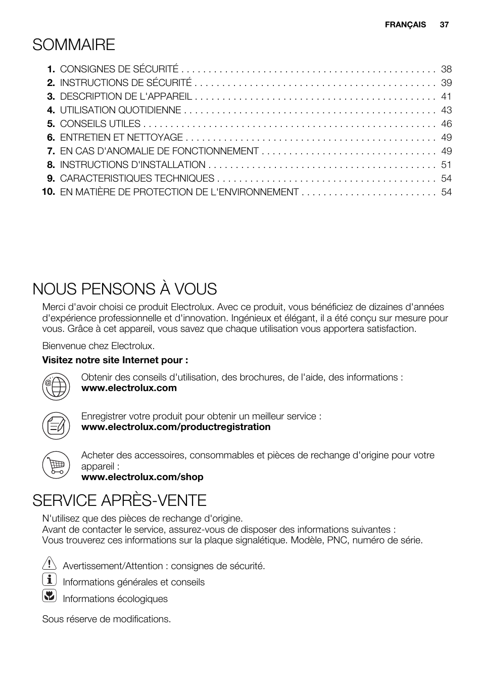 Sommaire, Nous pensons à vous, Service après-vente | Electrolux EQT4520BOG User Manual | Page 37 / 76