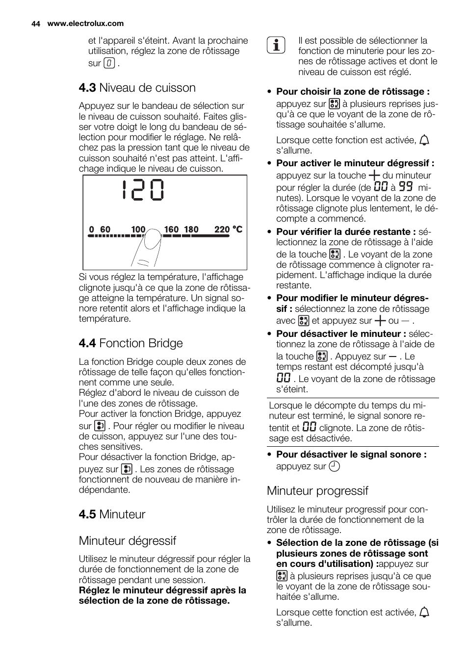3 niveau de cuisson, 4 fonction bridge, 5 minuteur minuteur dégressif | Minuteur progressif | Electrolux EQT4520BOG User Manual | Page 44 / 76