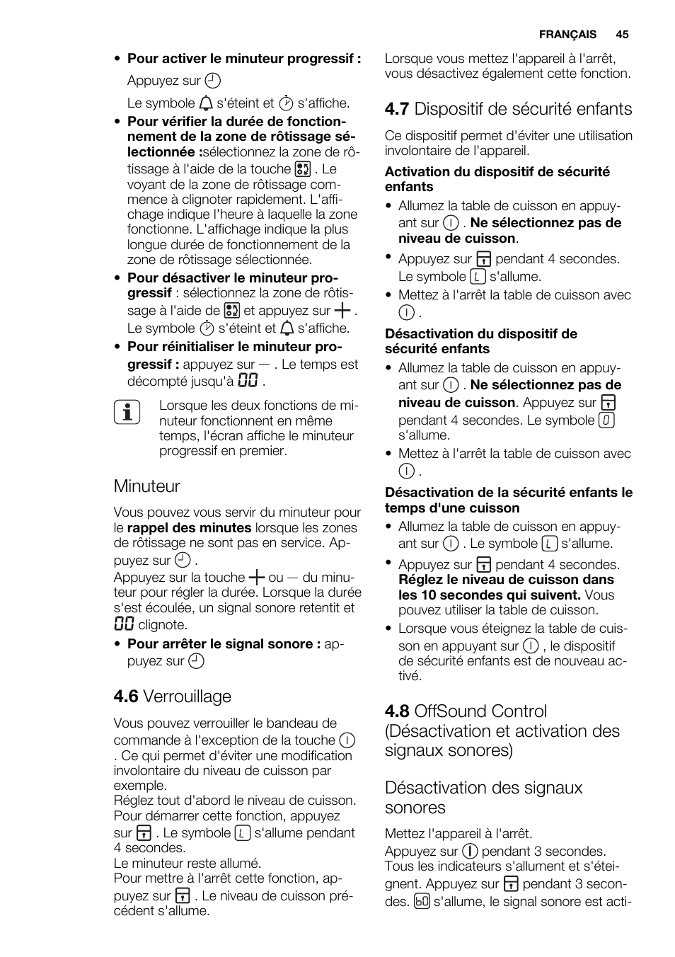 Minuteur, 6 verrouillage, 7 dispositif de sécurité enfants | Electrolux EQT4520BOG User Manual | Page 45 / 76