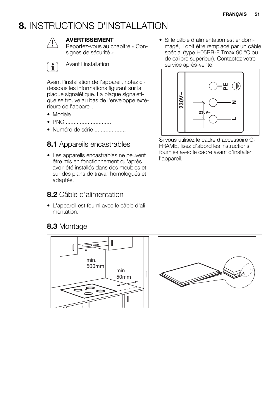 Instructions d'installation, 1 appareils encastrables, 2 câble d'alimentation | 3 montage | Electrolux EQT4520BOG User Manual | Page 51 / 76