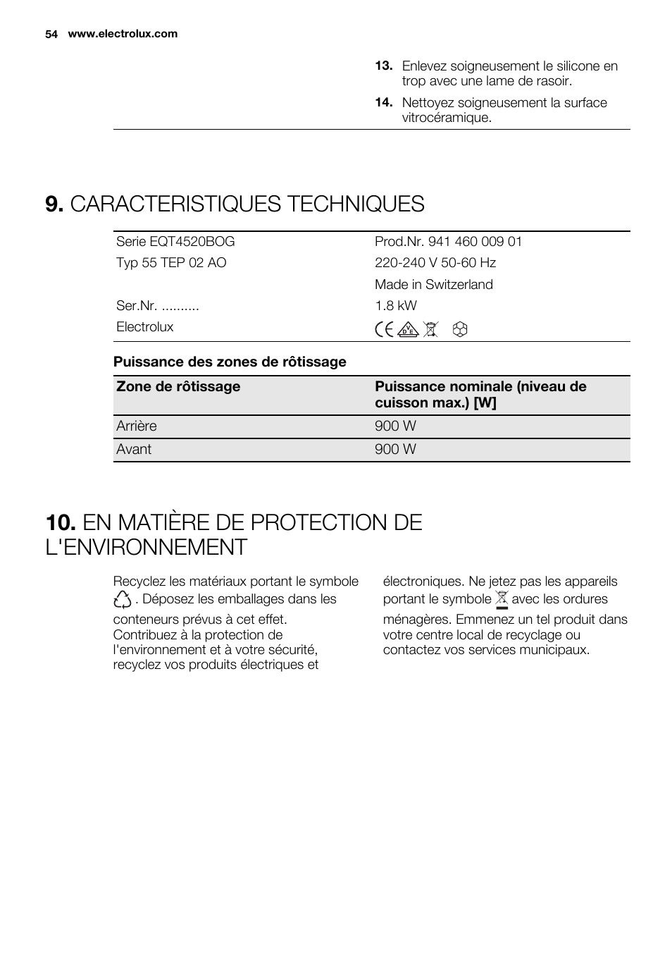 Caracteristiques techniques, En matière de protection de l'environnement | Electrolux EQT4520BOG User Manual | Page 54 / 76