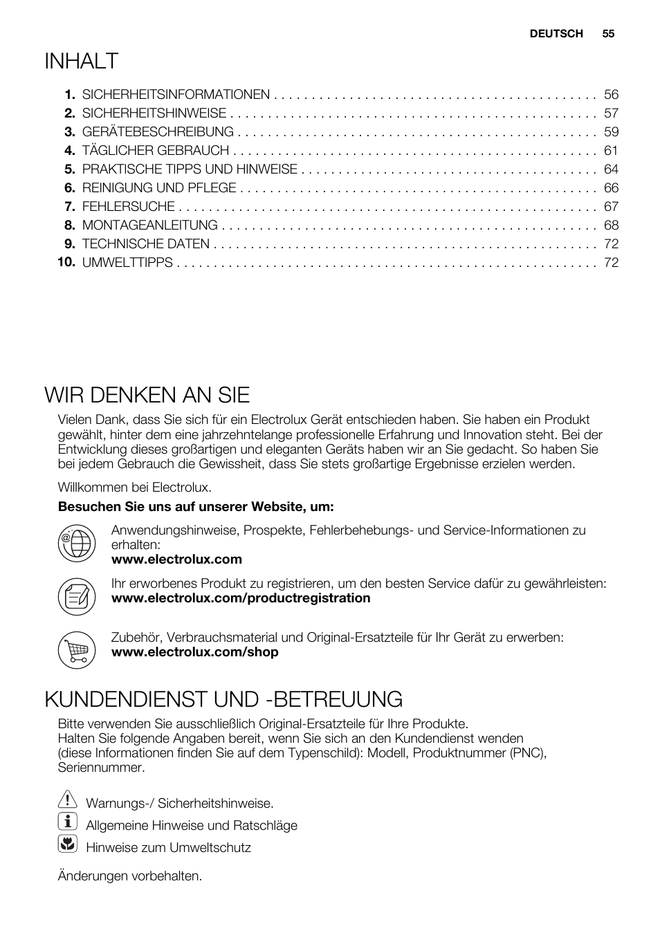 Inhalt, Wir denken an sie, Kundendienst und -betreuung | Electrolux EQT4520BOG User Manual | Page 55 / 76