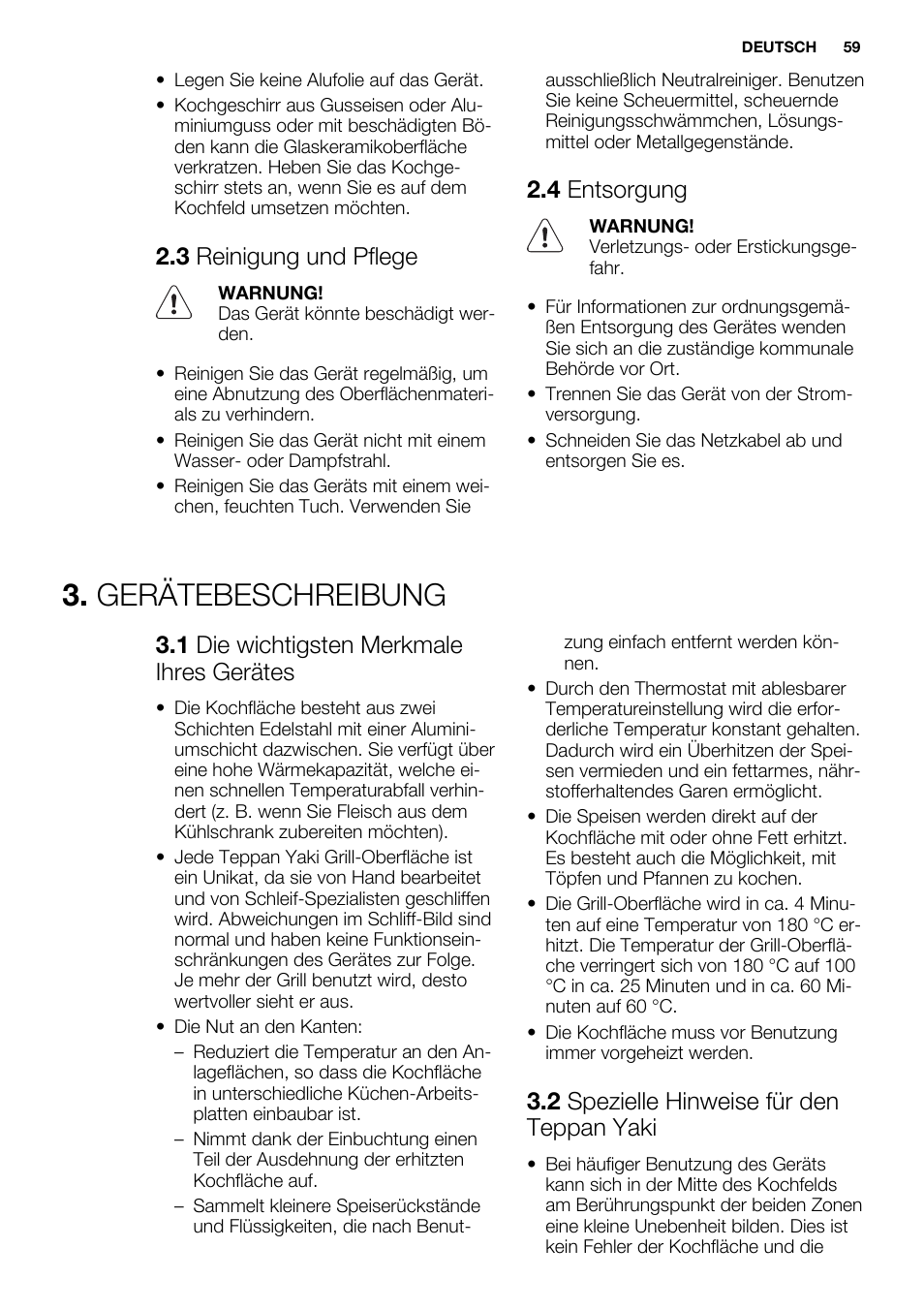Gerätebeschreibung, 3 reinigung und pflege, 4 entsorgung | 1 die wichtigsten merkmale ihres gerätes, 2 spezielle hinweise für den teppan yaki | Electrolux EQT4520BOG User Manual | Page 59 / 76