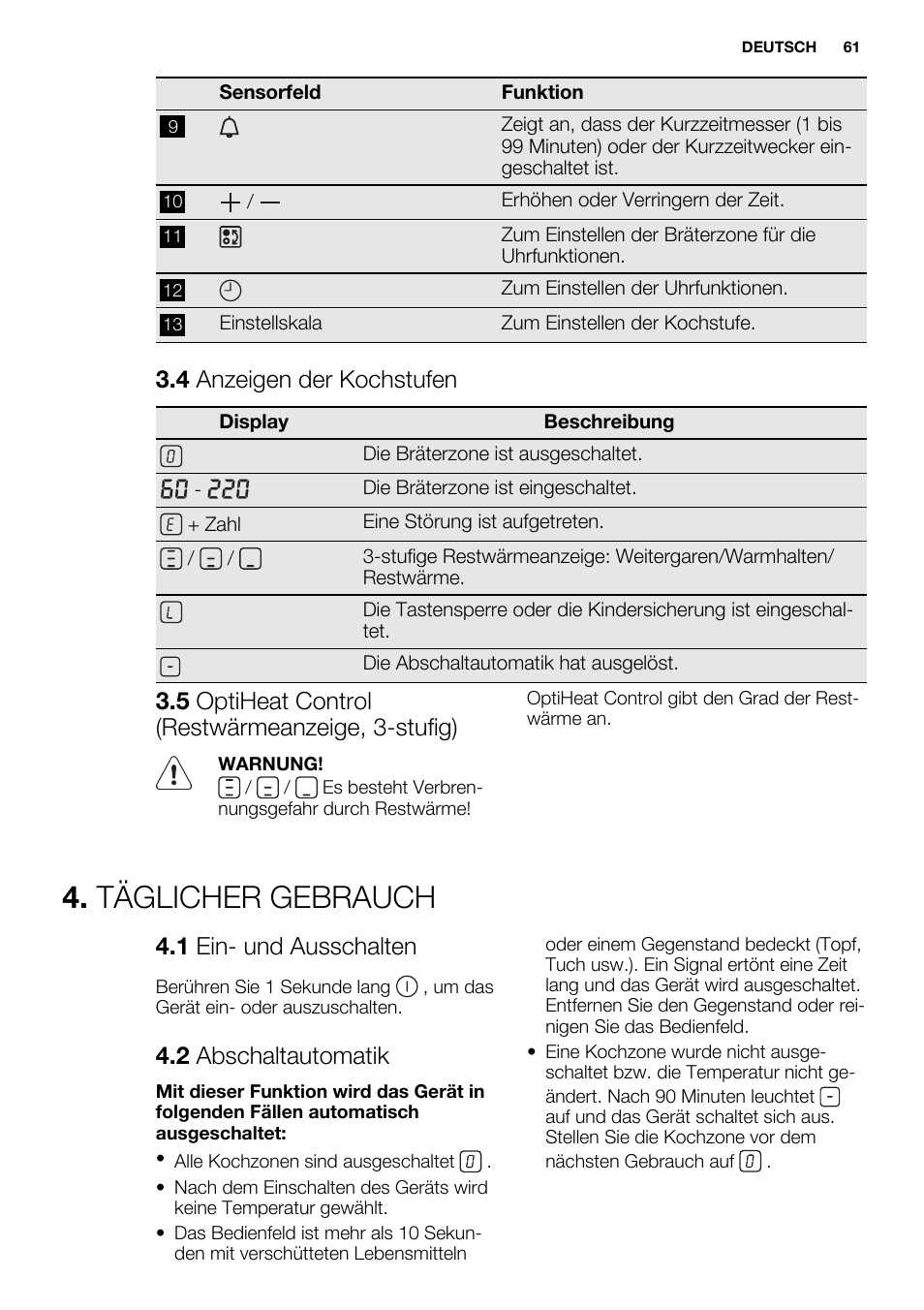 Täglicher gebrauch, 4 anzeigen der kochstufen, 5 optiheat control (restwärmeanzeige, 3-stufig) | 1 ein- und ausschalten, 2 abschaltautomatik | Electrolux EQT4520BOG User Manual | Page 61 / 76