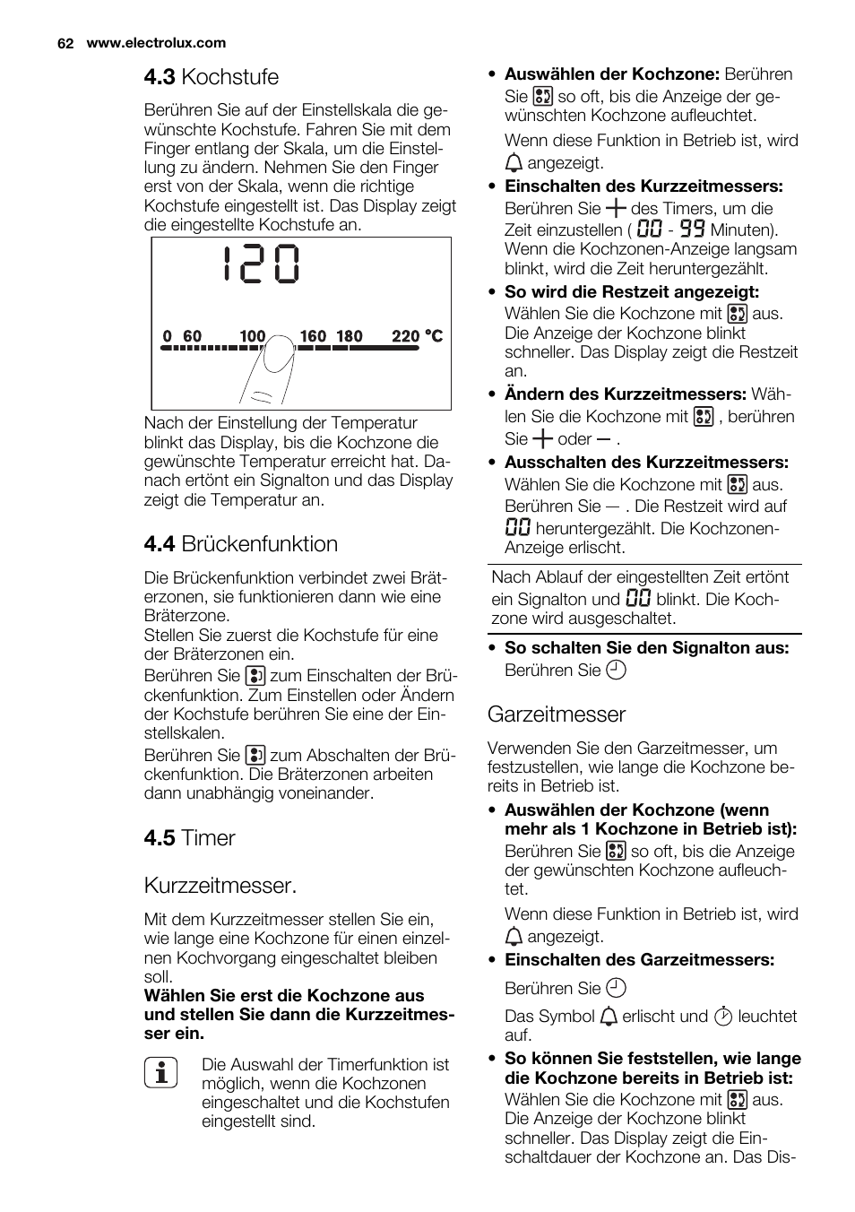 3 kochstufe, 4 brückenfunktion, 5 timer kurzzeitmesser | Garzeitmesser | Electrolux EQT4520BOG User Manual | Page 62 / 76