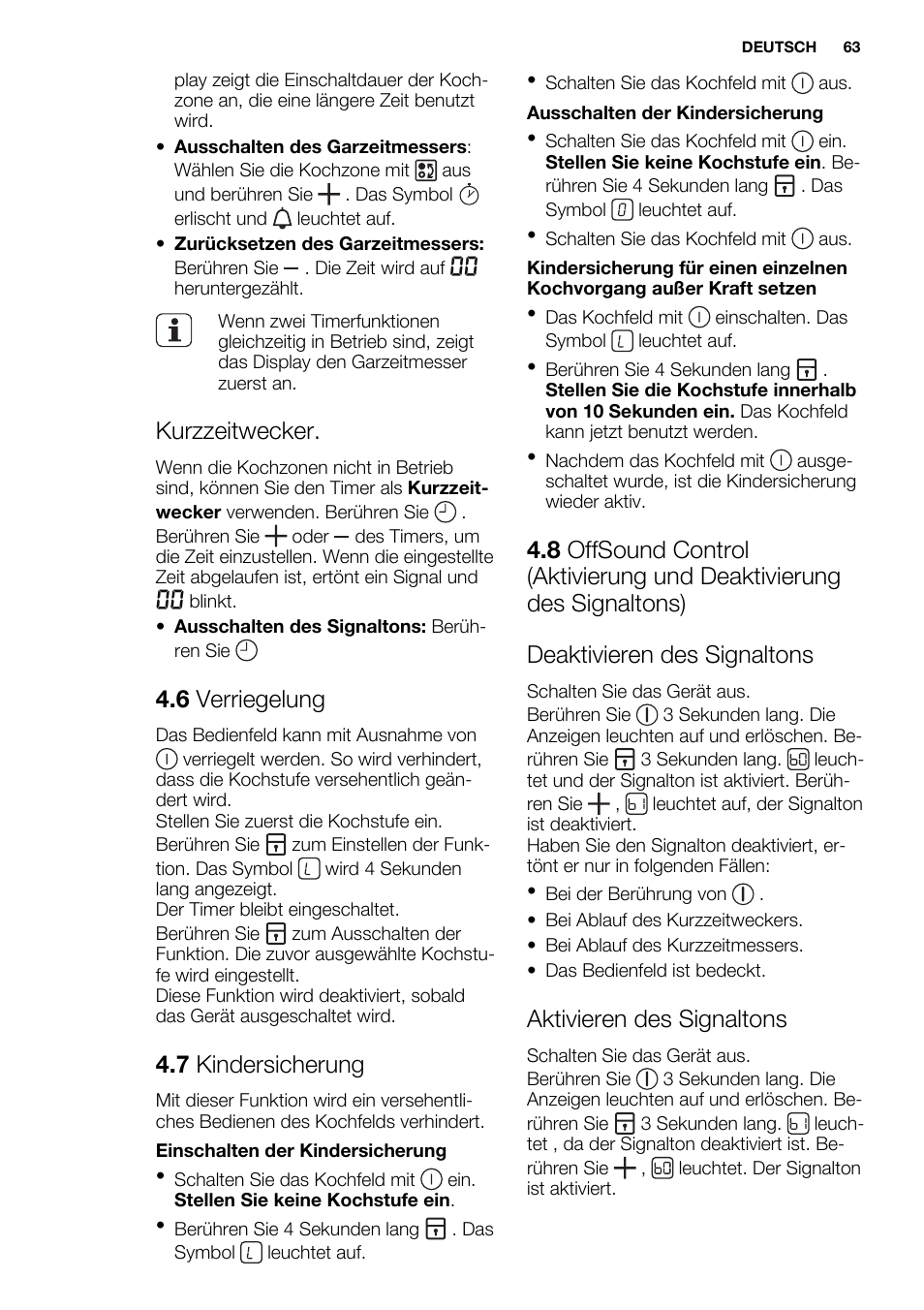 Kurzzeitwecker, 6 verriegelung, 7 kindersicherung | Aktivieren des signaltons | Electrolux EQT4520BOG User Manual | Page 63 / 76