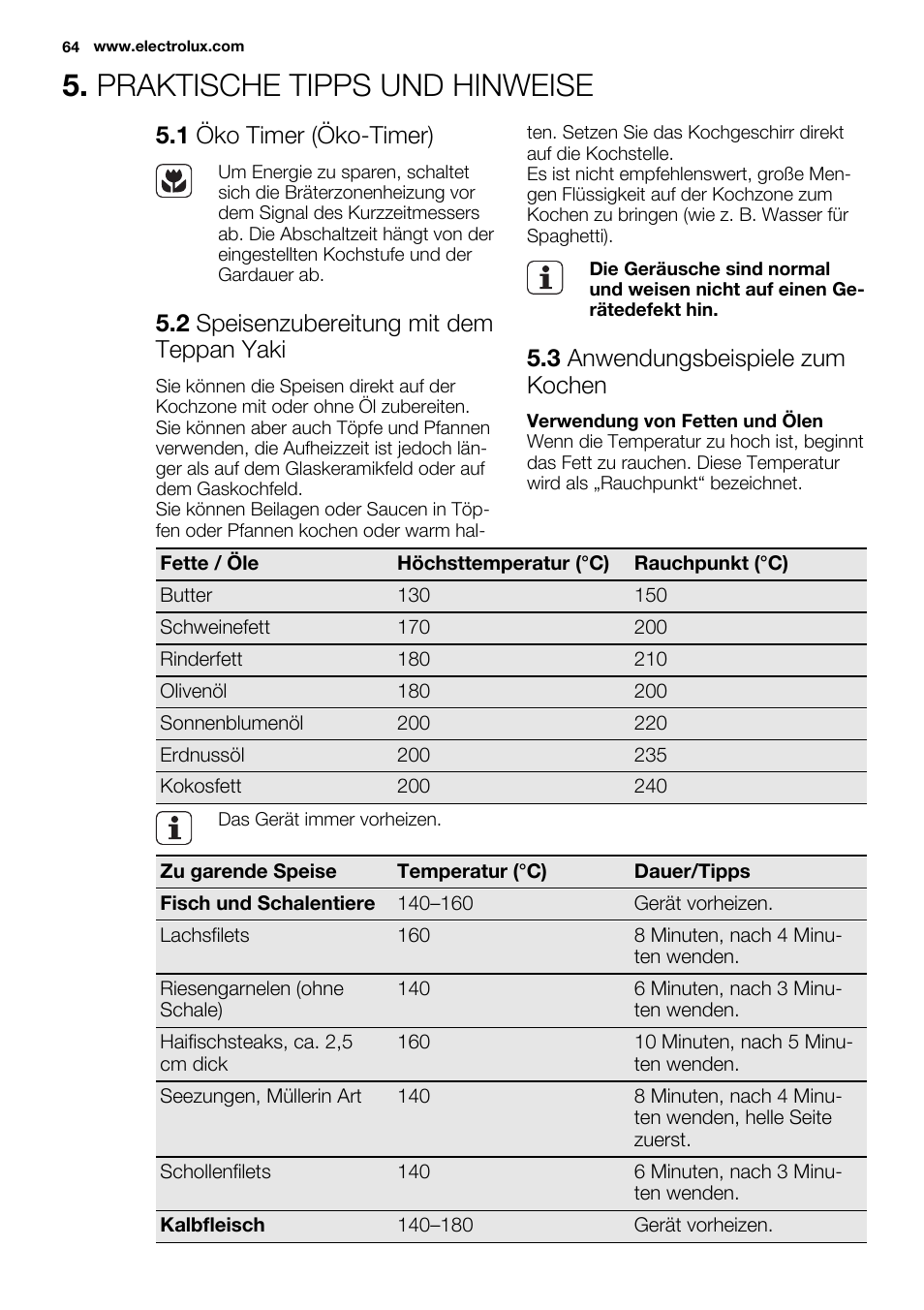 Praktische tipps und hinweise, 1 öko timer (öko-timer), 2 speisenzubereitung mit dem teppan yaki | 3 anwendungsbeispiele zum kochen | Electrolux EQT4520BOG User Manual | Page 64 / 76