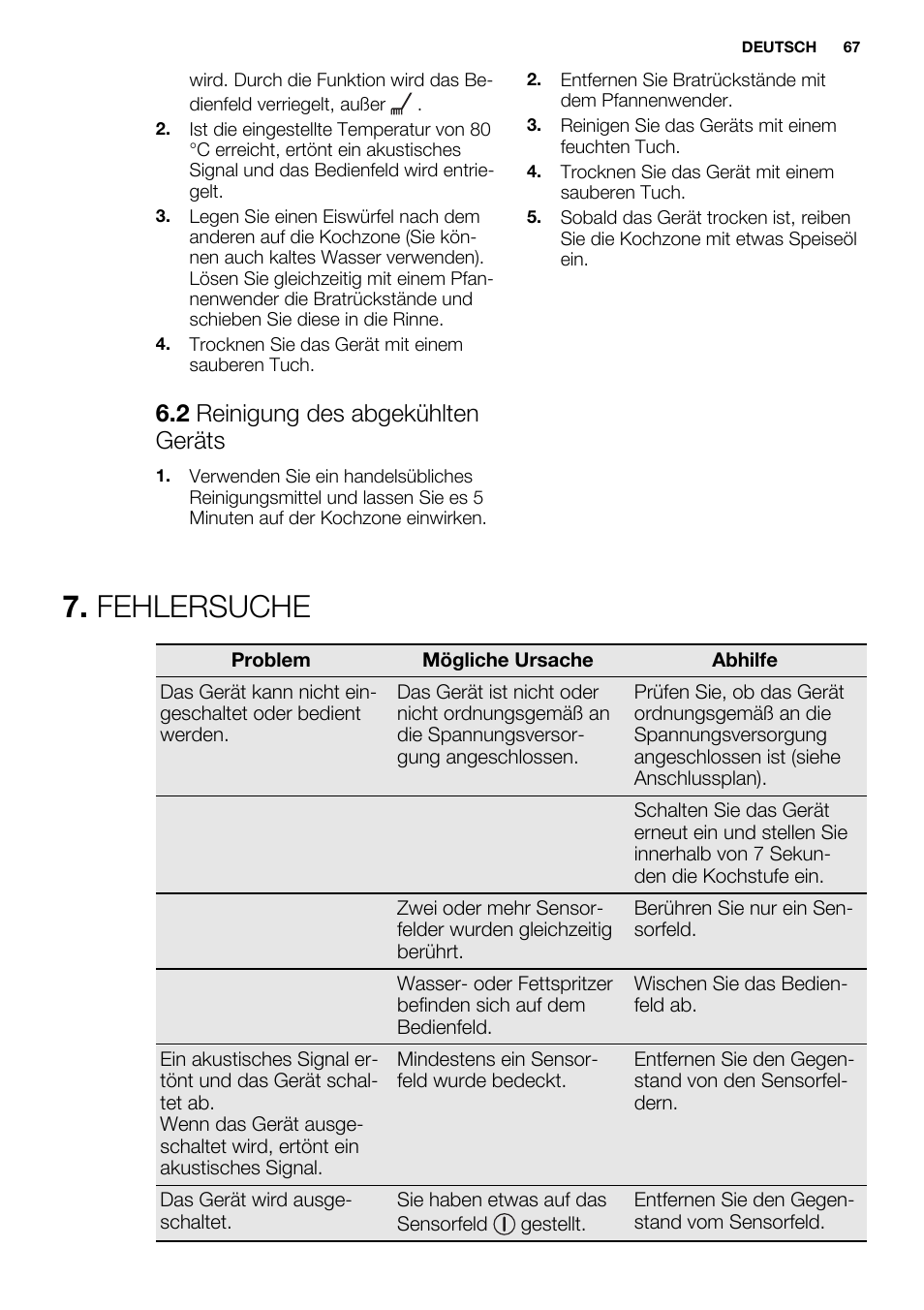 Fehlersuche, 2 reinigung des abgekühlten geräts | Electrolux EQT4520BOG User Manual | Page 67 / 76