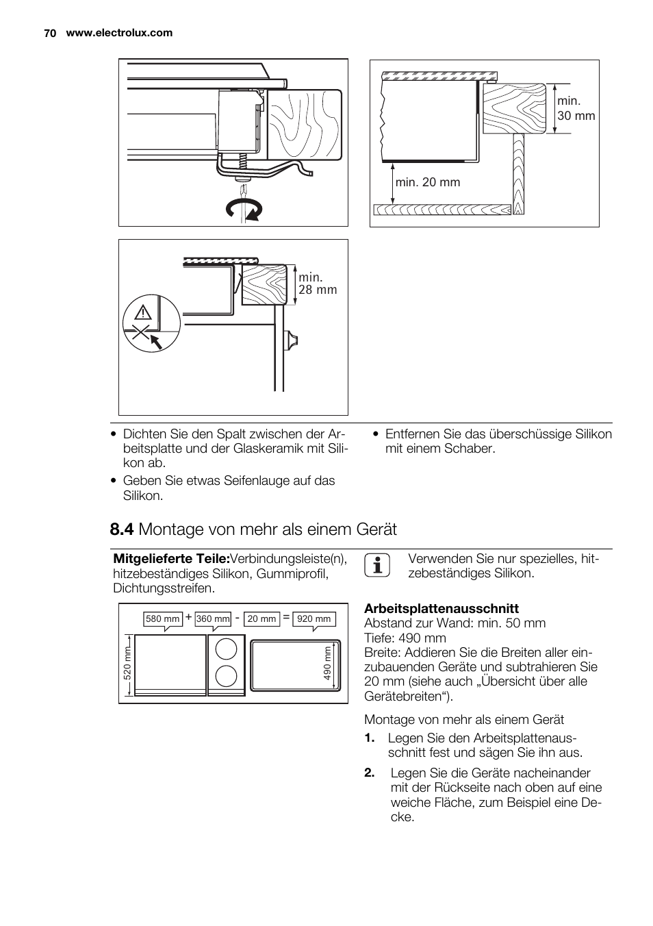 4 montage von mehr als einem gerät | Electrolux EQT4520BOG User Manual | Page 70 / 76