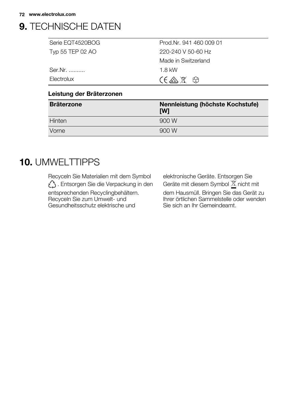 Technische daten, Umwelttipps | Electrolux EQT4520BOG User Manual | Page 72 / 76
