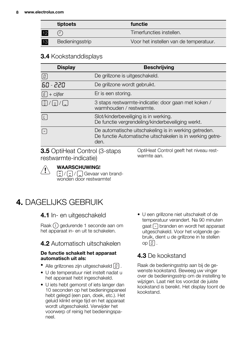 Dagelijks gebruik, 4 kookstanddisplays, 5 optiheat control (3-staps restwarmte-indicatie) | 1 in- en uitgeschakeld, 2 automatisch uitschakelen, 3 de kookstand | Electrolux EQT4520BOG User Manual | Page 8 / 76