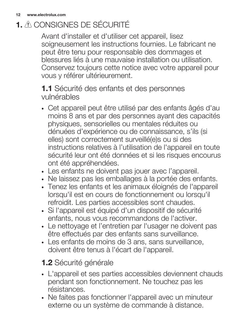 Consignes de sécurité, 2 sécurité générale | Electrolux EHS3920HOX User Manual | Page 12 / 44