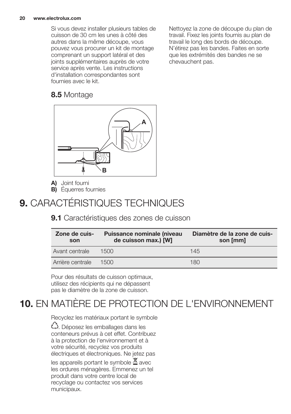 5 montage, Caractéristiques techniques, 1 caractéristiques des zones de cuisson | En matière de protection de l'environnement | Electrolux EHS3920HOX User Manual | Page 20 / 44