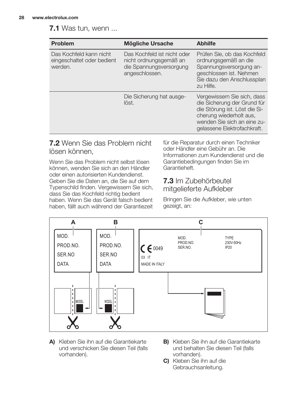 1 was tun, wenn, 2 wenn sie das problem nicht lösen können, 3 im zubehörbeutel mitgelieferte aufkleber | Electrolux EHS3920HOX User Manual | Page 28 / 44