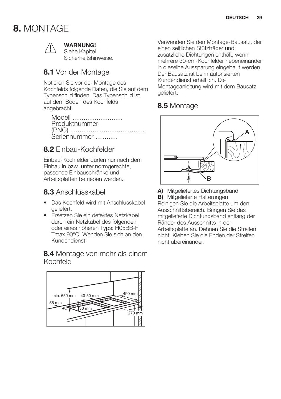 Montage, 1 vor der montage, 2 einbau-kochfelder | 3 anschlusskabel, 4 montage von mehr als einem kochfeld, 5 montage | Electrolux EHS3920HOX User Manual | Page 29 / 44
