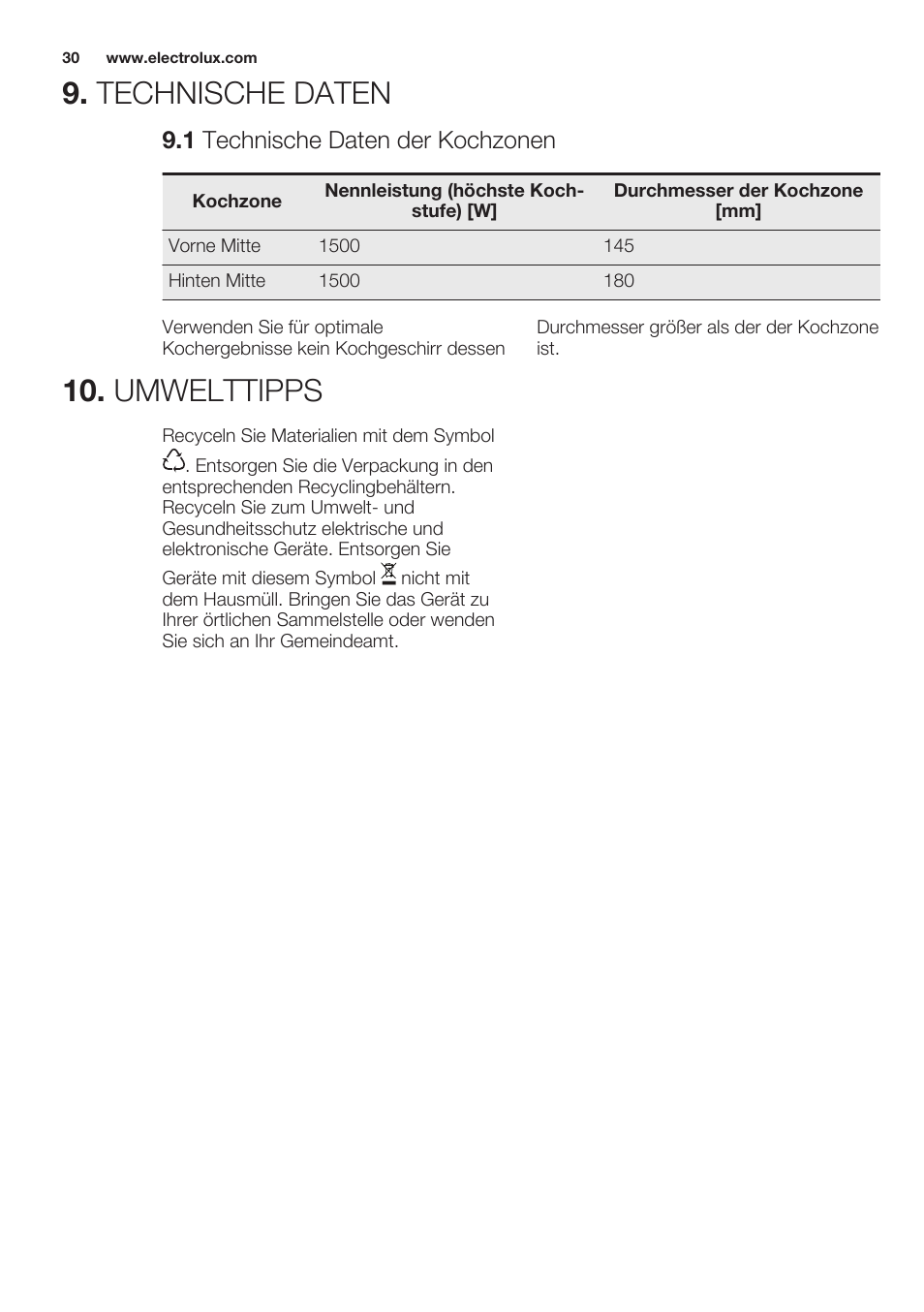 Technische daten, 1 technische daten der kochzonen, Umwelttipps | Electrolux EHS3920HOX User Manual | Page 30 / 44