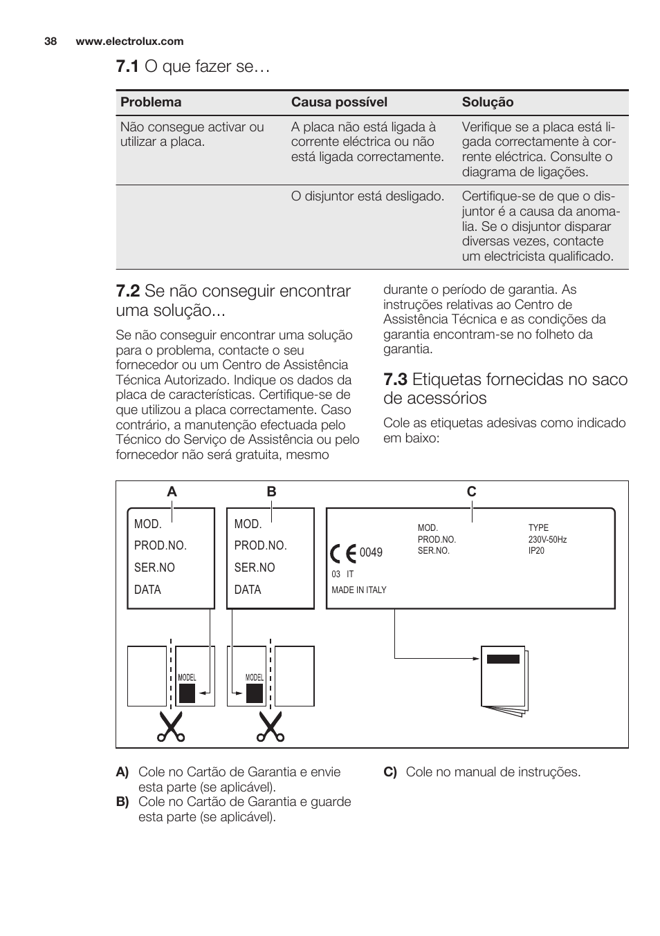 1 o que fazer se, 2 se não conseguir encontrar uma solução, 3 etiquetas fornecidas no saco de acessórios | Electrolux EHS3920HOX User Manual | Page 38 / 44