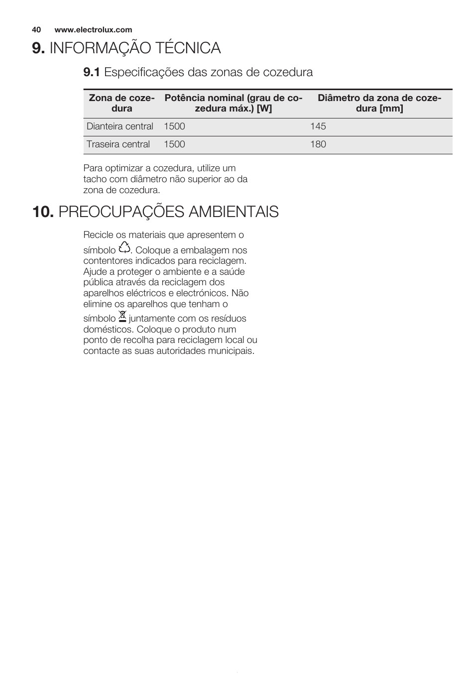 Informação técnica, 1 especificações das zonas de cozedura, Preocupações ambientais | Electrolux EHS3920HOX User Manual | Page 40 / 44
