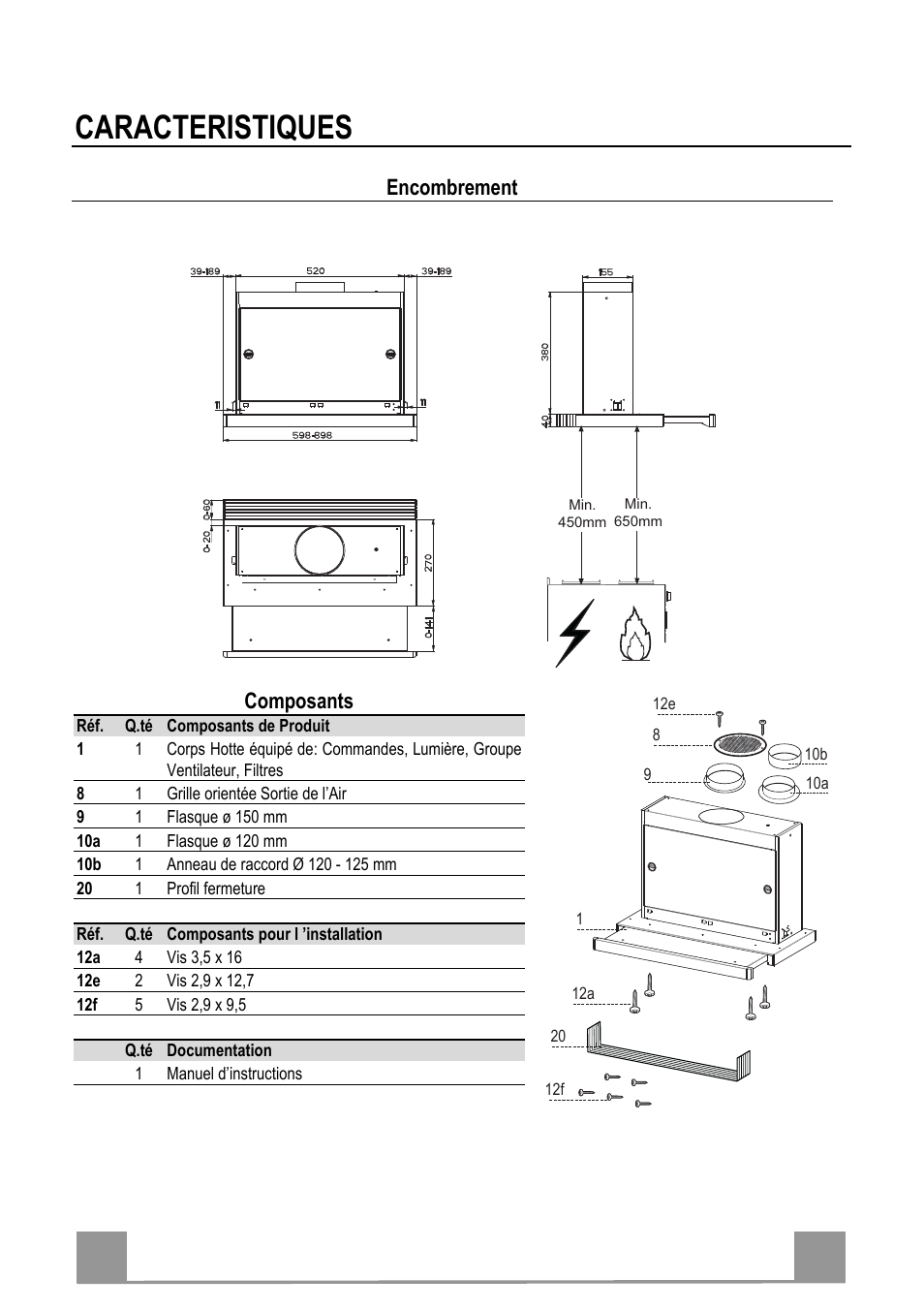 Caracteristiques, Fr 1 11, Encombrement | Composants | Electrolux EFP60241X User Manual | Page 11 / 48