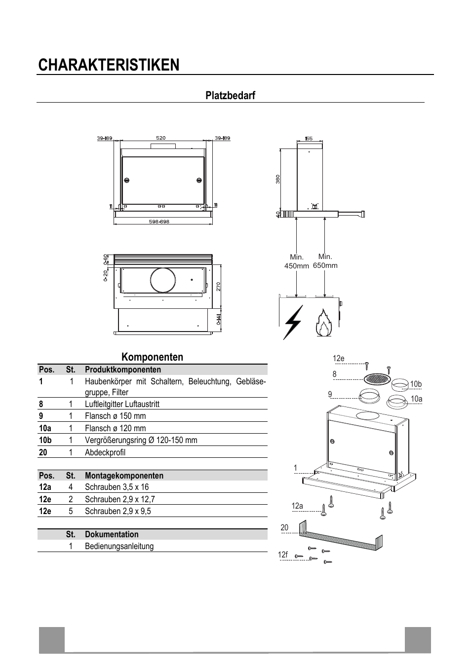 Charakteristiken, De 1 17, Platzbedarf | Komponenten | Electrolux EFP60241X User Manual | Page 17 / 48