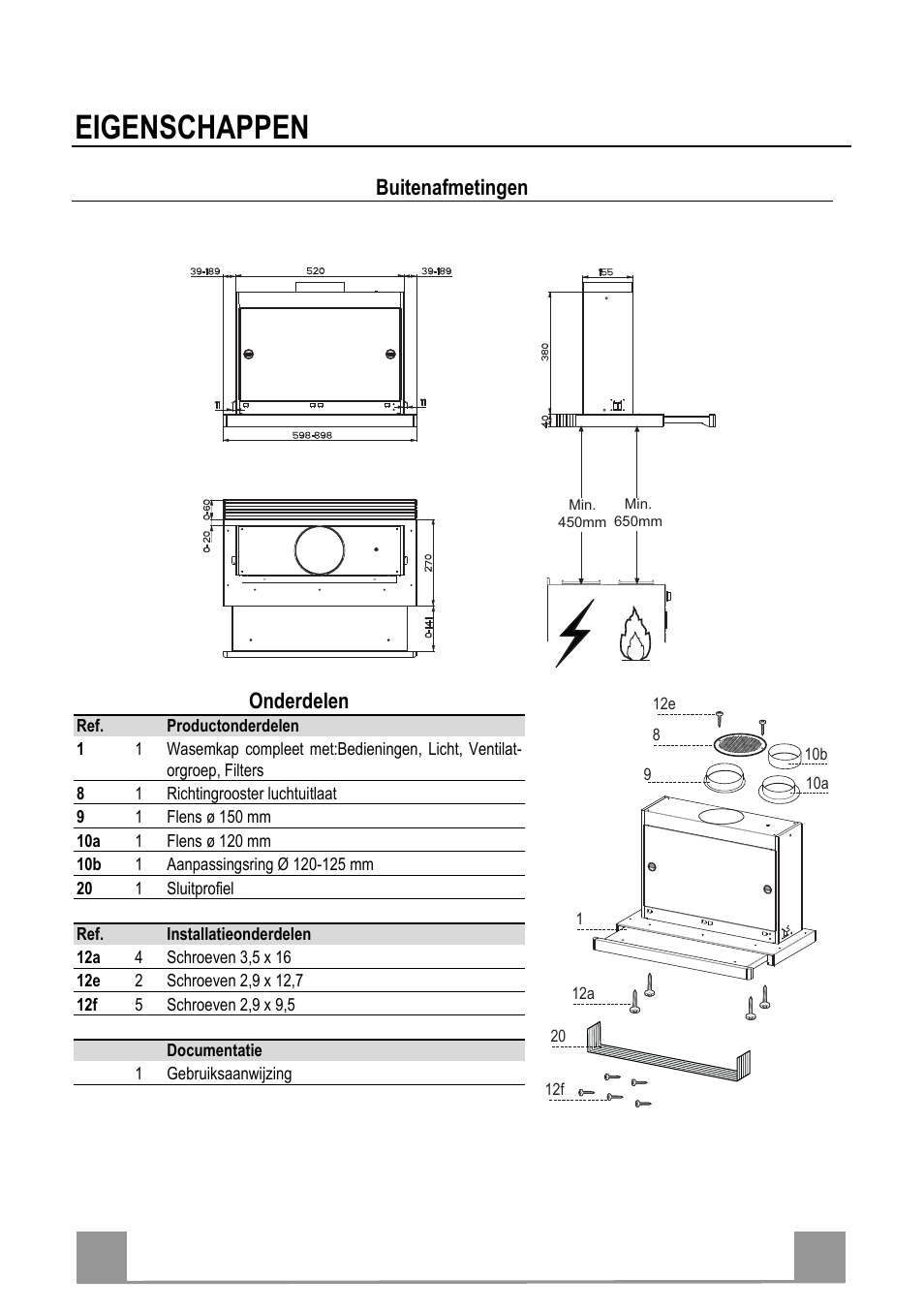 Eigenschappen, Nl 2 23, Buitenafmetingen | Onderdelen | Electrolux EFP60241X User Manual | Page 23 / 48