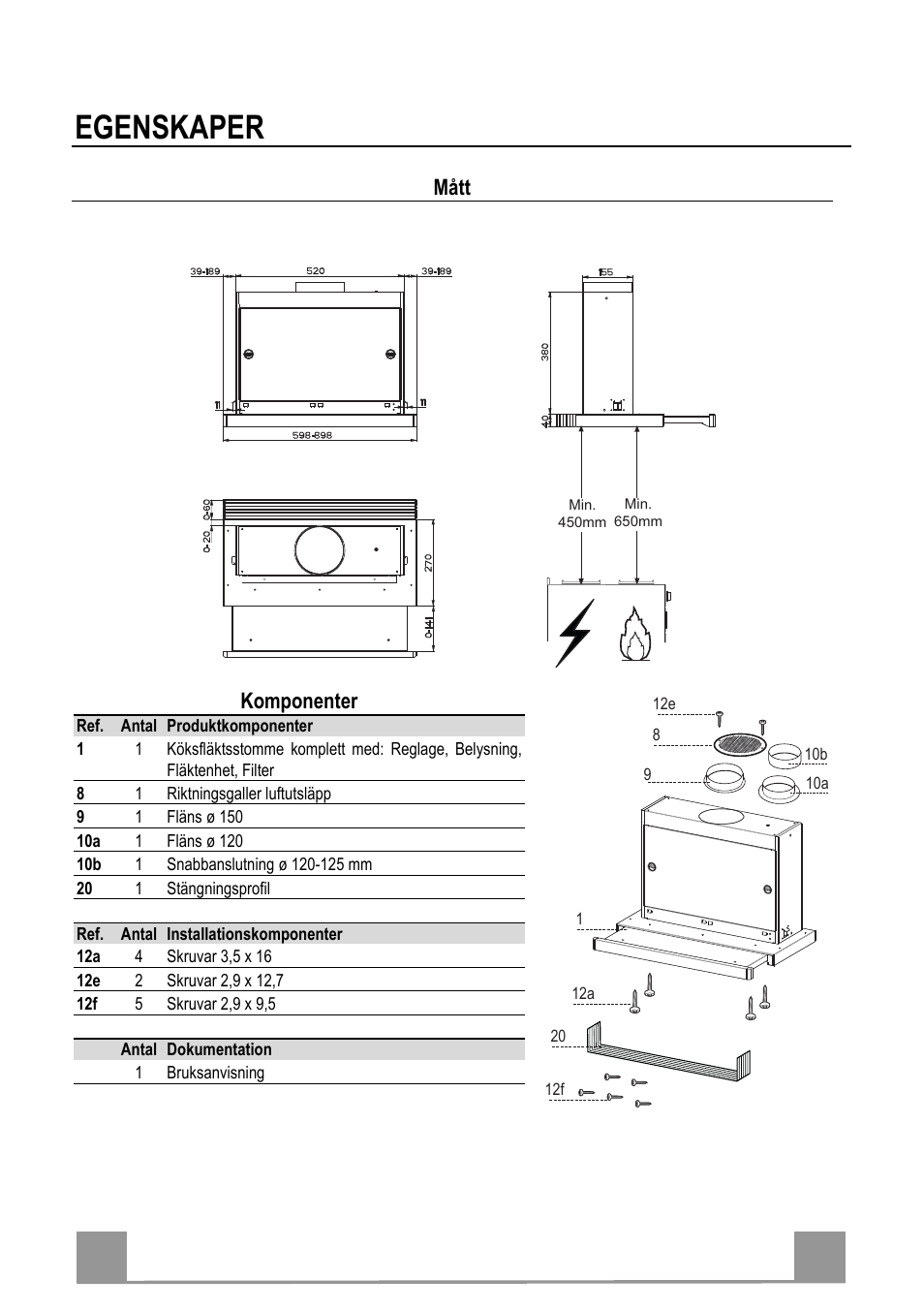 Egenskaper, Se 3 35, Mått | Komponenter | Electrolux EFP60241X User Manual | Page 35 / 48