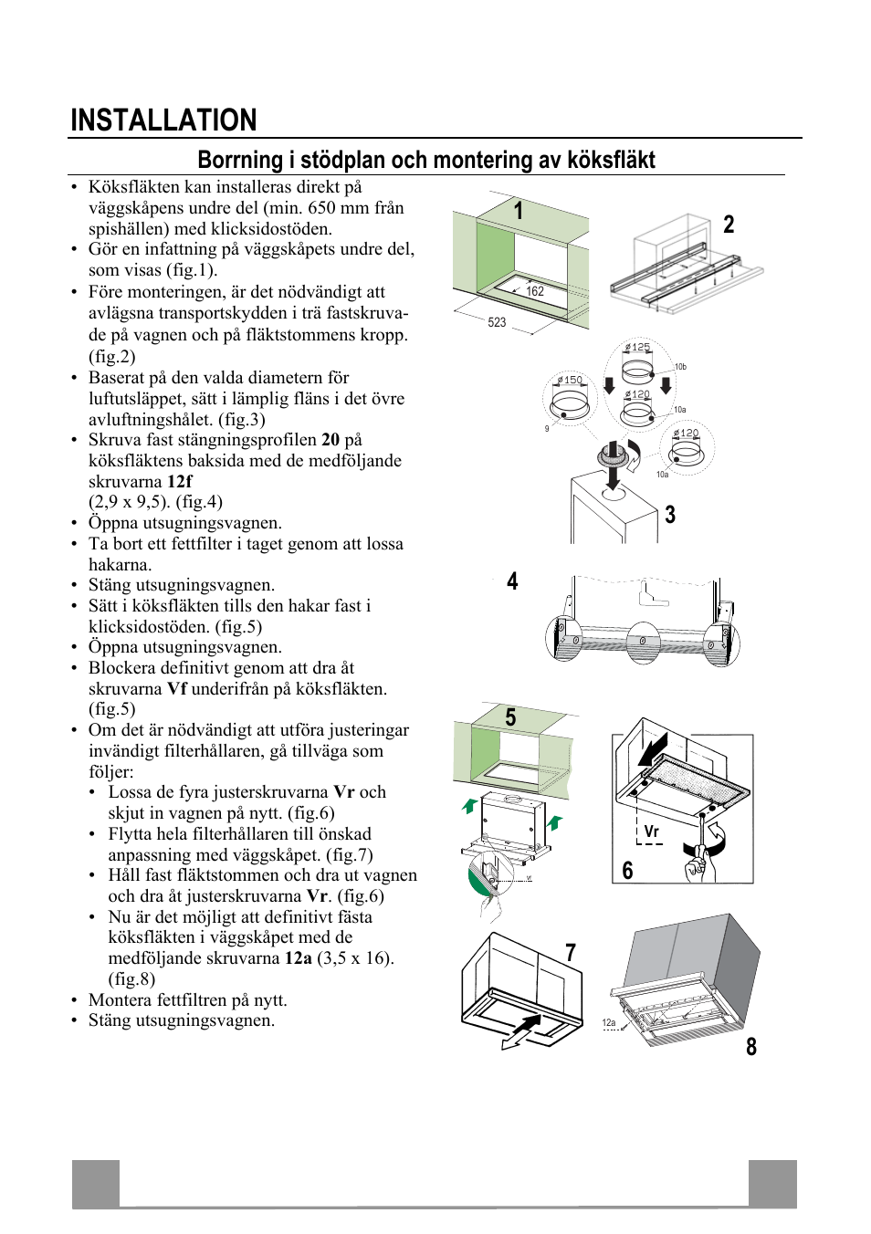 Installation, Se 3 36, Borrning i stödplan och montering av köksfläkt | Electrolux EFP60241X User Manual | Page 36 / 48