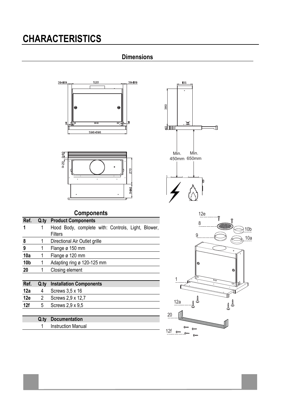 Characteristics, En 5 5, Dimensions | Components | Electrolux EFP60241X User Manual | Page 5 / 48