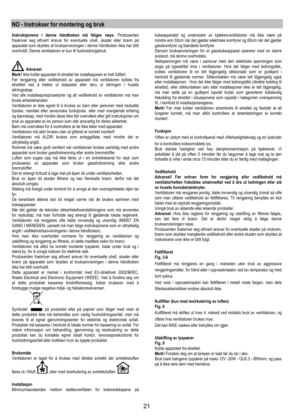 No - instrukser for montering og bruk | Electrolux EFG50250S User Manual | Page 21 / 40