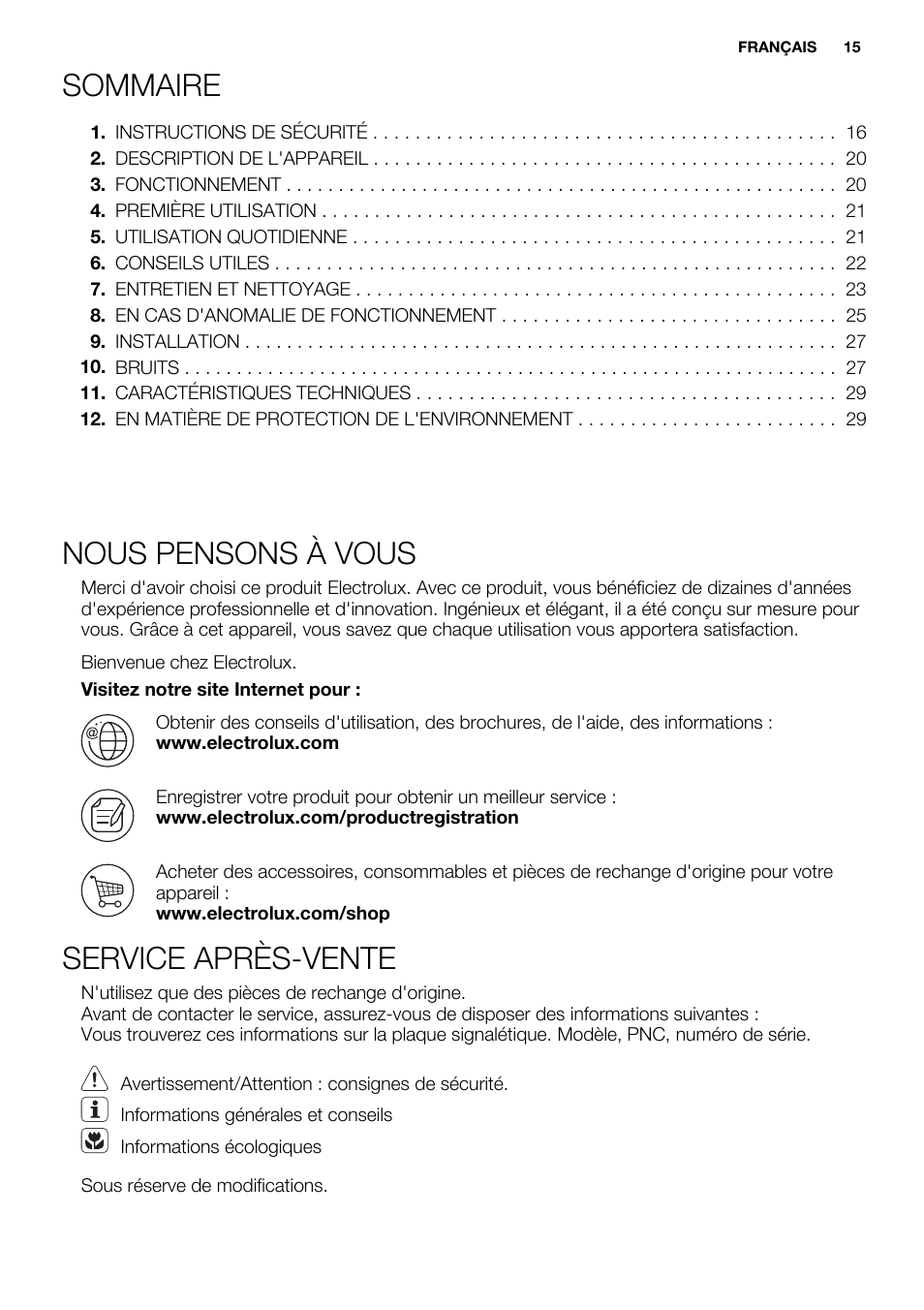 Sommaire, Nous pensons à vous, Service après-vente | Electrolux ERY1401AOW User Manual | Page 15 / 60