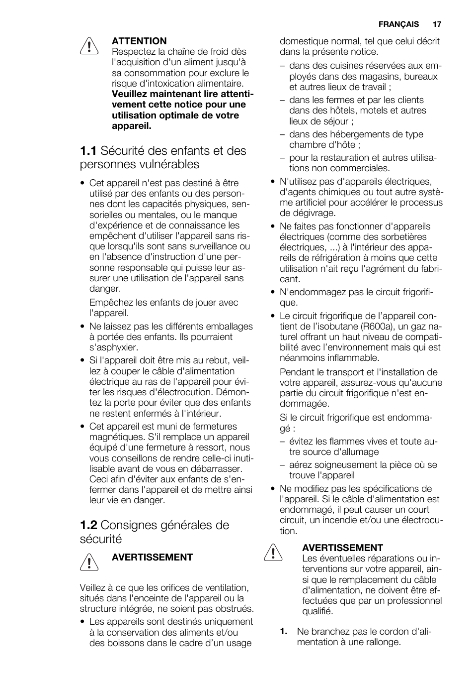 2 consignes générales de sécurité | Electrolux ERY1401AOW User Manual | Page 17 / 60