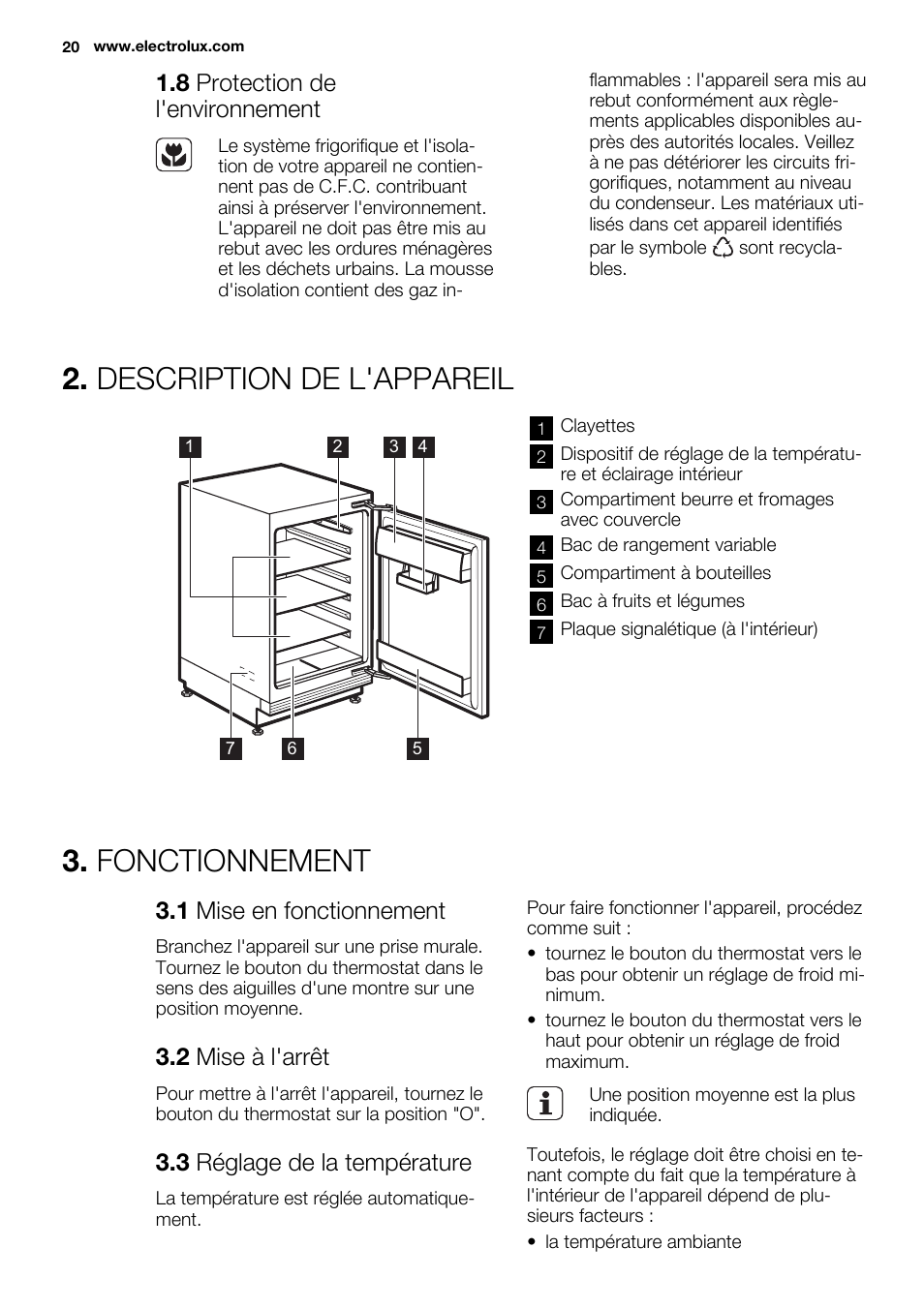 Description de l'appareil, Fonctionnement, 8 protection de l'environnement | 1 mise en fonctionnement, 2 mise à l'arrêt, 3 réglage de la température | Electrolux ERY1401AOW User Manual | Page 20 / 60