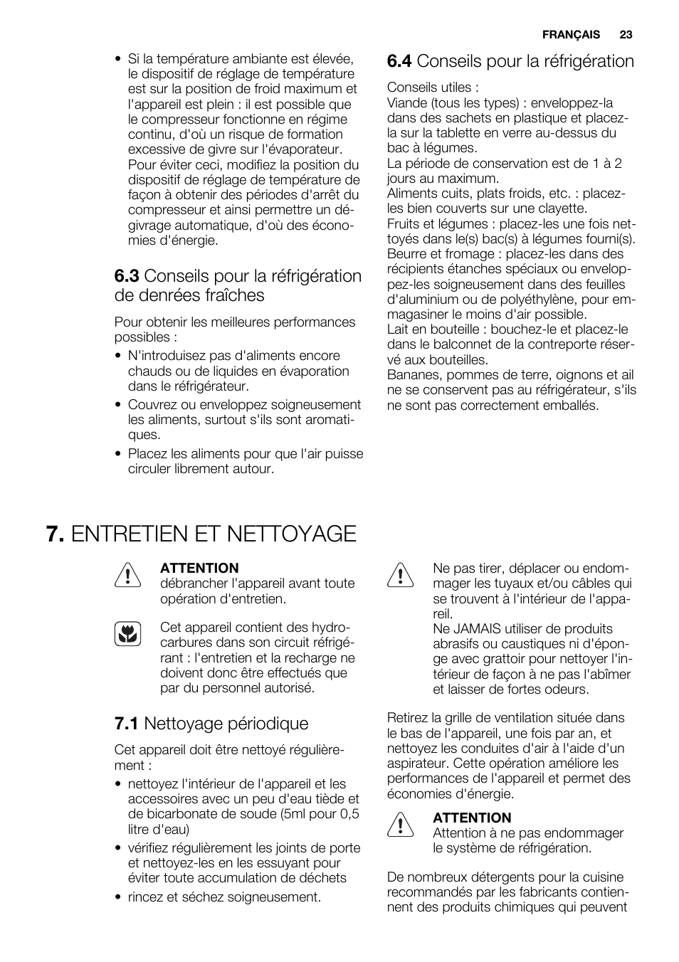 Entretien et nettoyage, 4 conseils pour la réfrigération, 1 nettoyage périodique | Electrolux ERY1401AOW User Manual | Page 23 / 60
