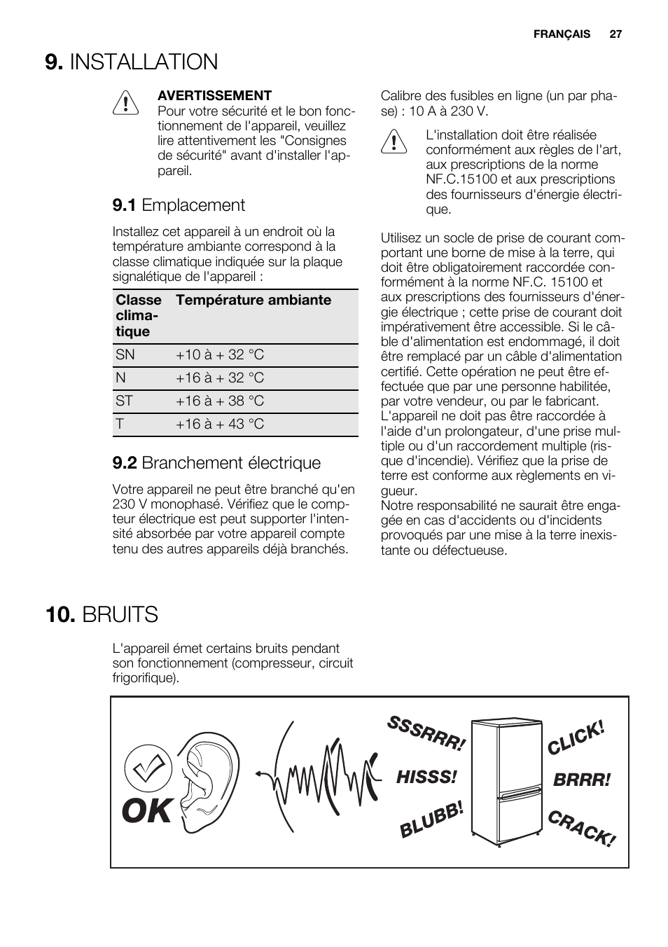 Installation, Bruits | Electrolux ERY1401AOW User Manual | Page 27 / 60