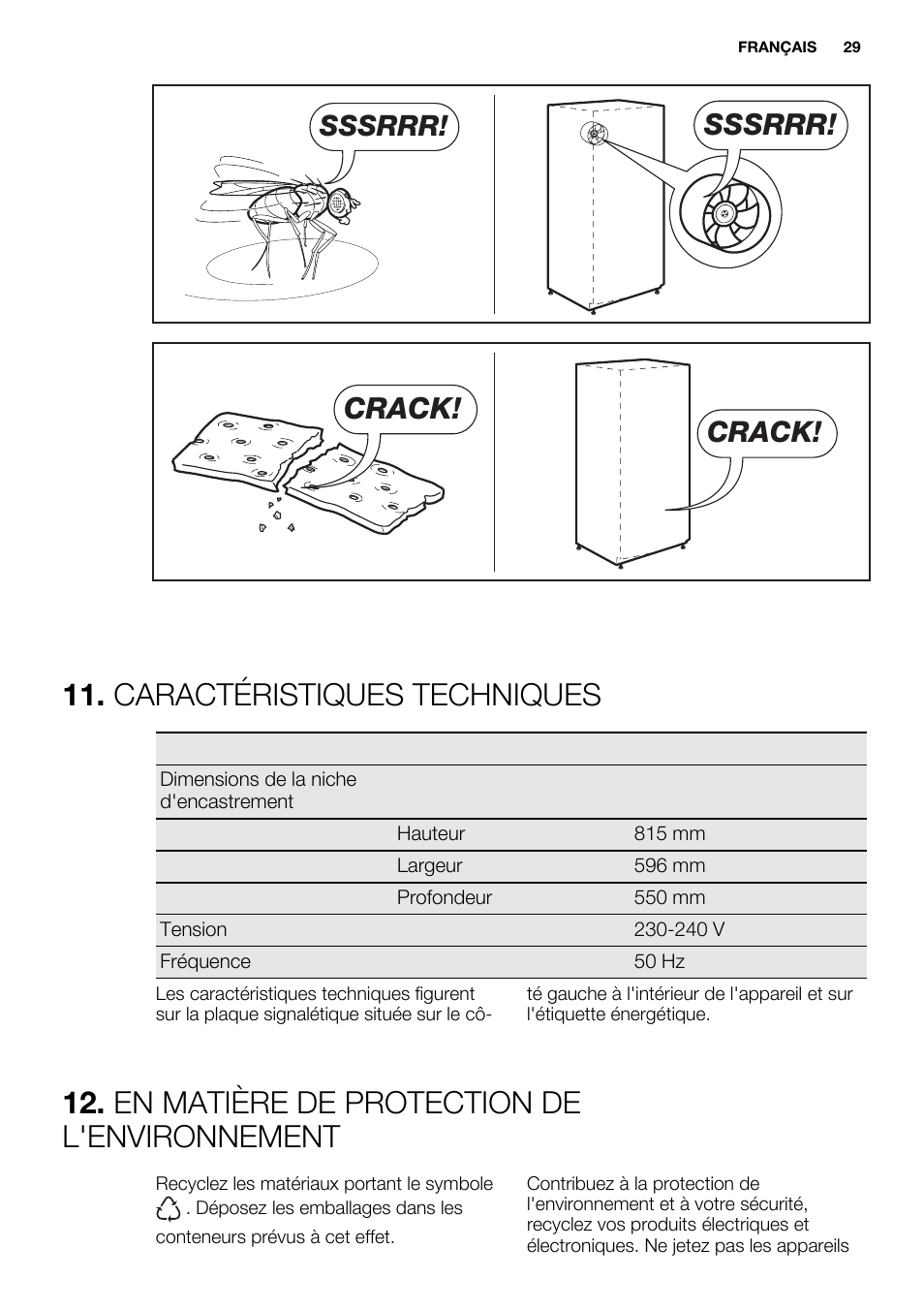 Caractéristiques techniques, En matière de protection de l'environnement, Sssrrr | Crack | Electrolux ERY1401AOW User Manual | Page 29 / 60