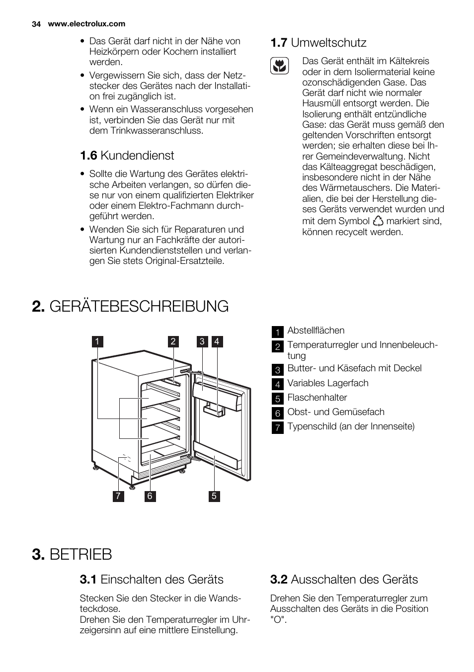 Gerätebeschreibung, Betrieb, 6 kundendienst | 7 umweltschutz, 1 einschalten des geräts, 2 ausschalten des geräts | Electrolux ERY1401AOW User Manual | Page 34 / 60