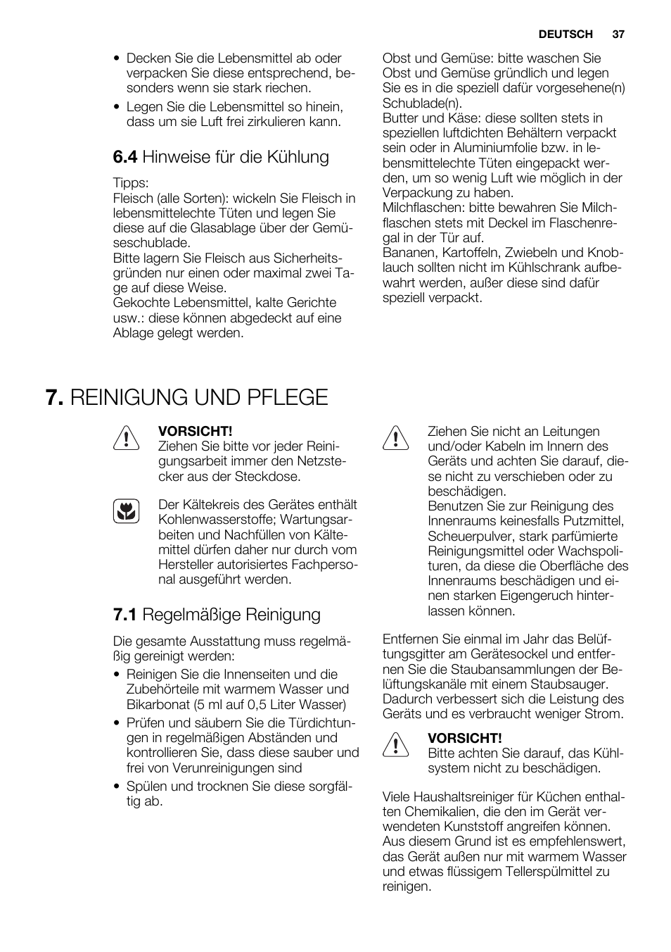 Reinigung und pflege, 4 hinweise für die kühlung, 1 regelmäßige reinigung | Electrolux ERY1401AOW User Manual | Page 37 / 60