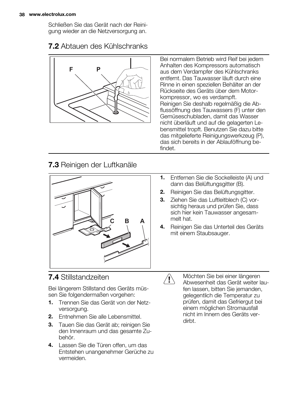 2 abtauen des kühlschranks, 3 reinigen der luftkanäle, 4 stillstandzeiten | Electrolux ERY1401AOW User Manual | Page 38 / 60