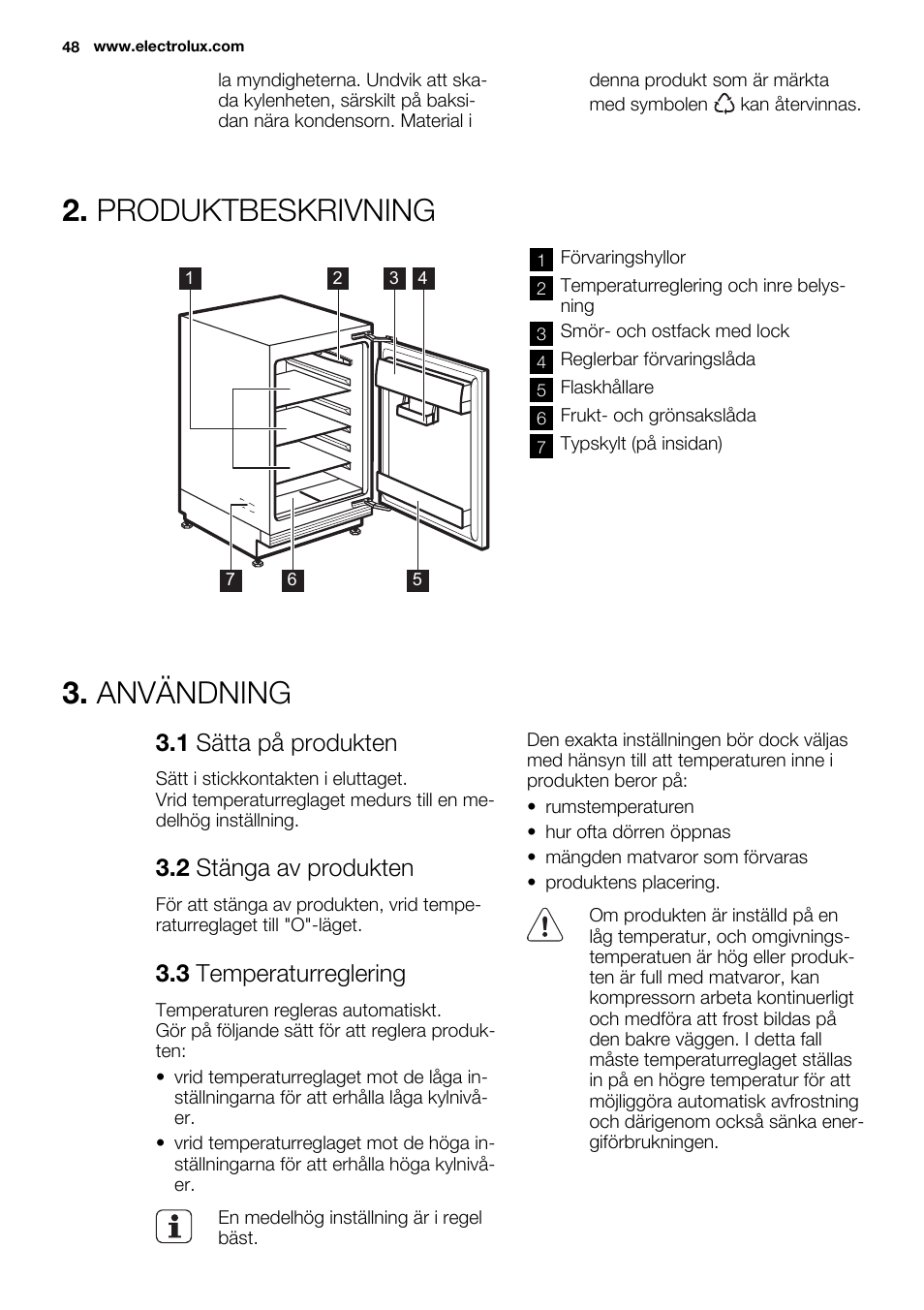 Produktbeskrivning, Användning, 1 sätta på produkten | 2 stänga av produkten, 3 temperaturreglering | Electrolux ERY1401AOW User Manual | Page 48 / 60