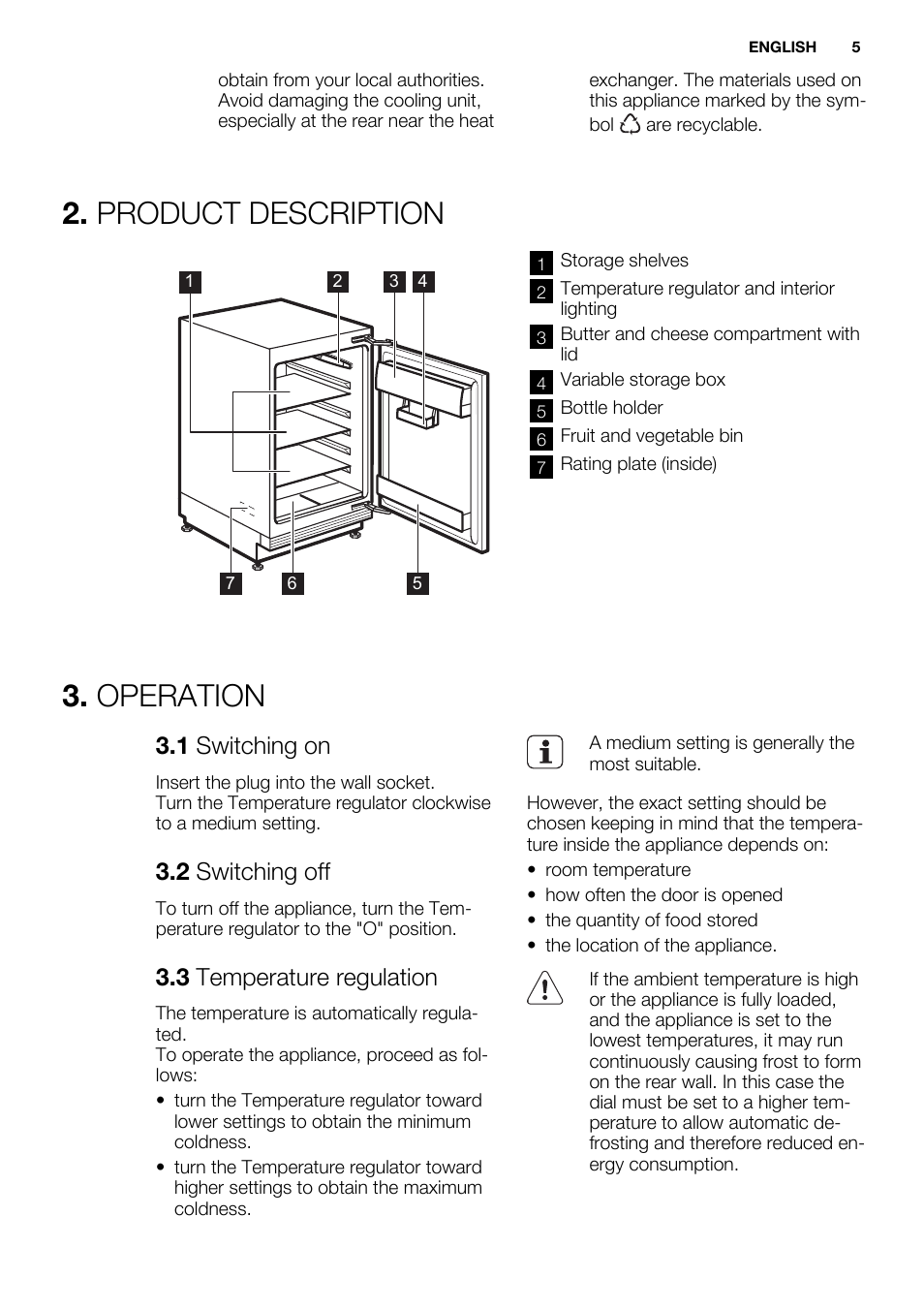 Product description, Operation, 1 switching on | 2 switching off, 3 temperature regulation | Electrolux ERY1401AOW User Manual | Page 5 / 60