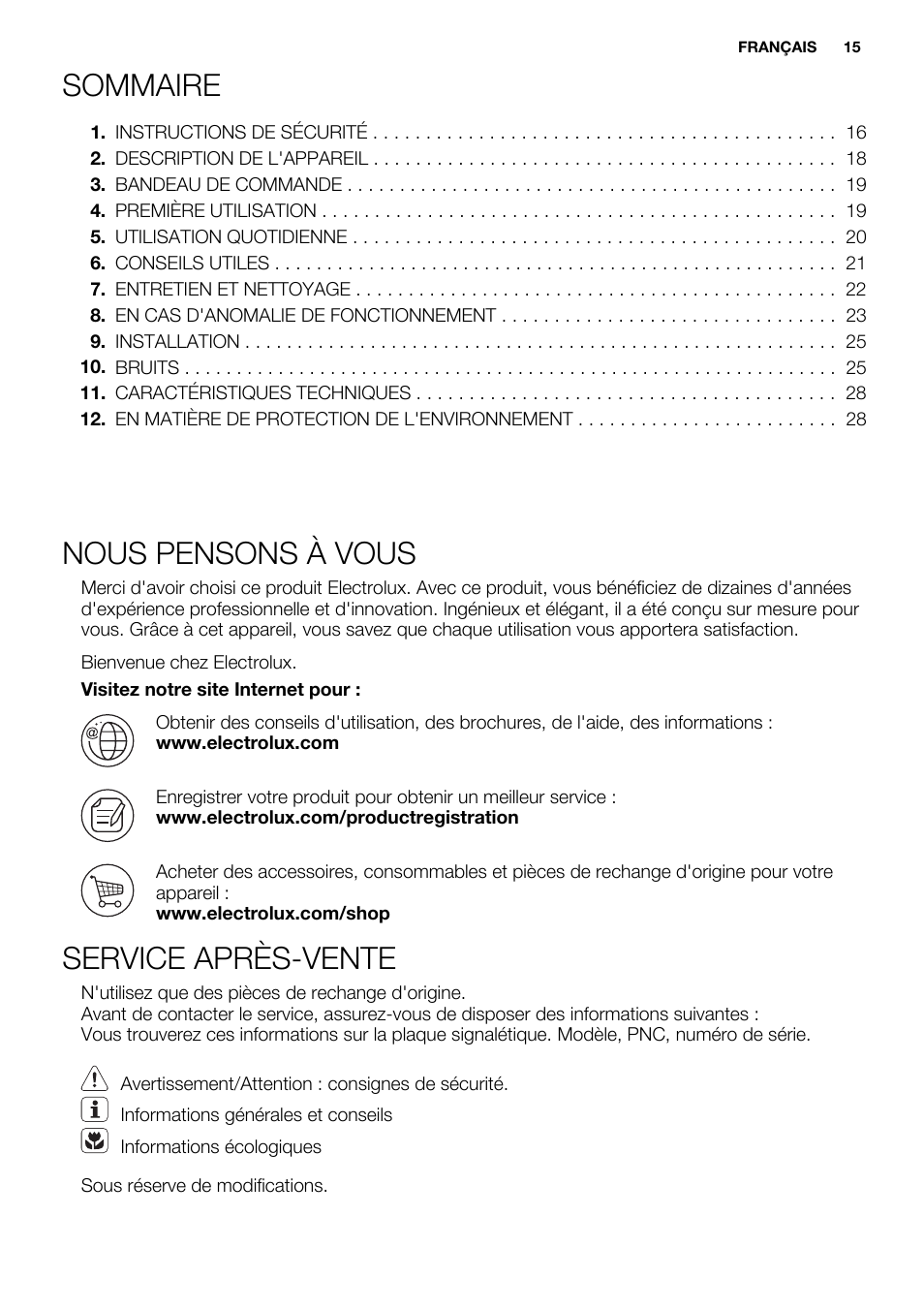 Sommaire, Nous pensons à vous, Service après-vente | Electrolux ERG1401FOW User Manual | Page 15 / 44