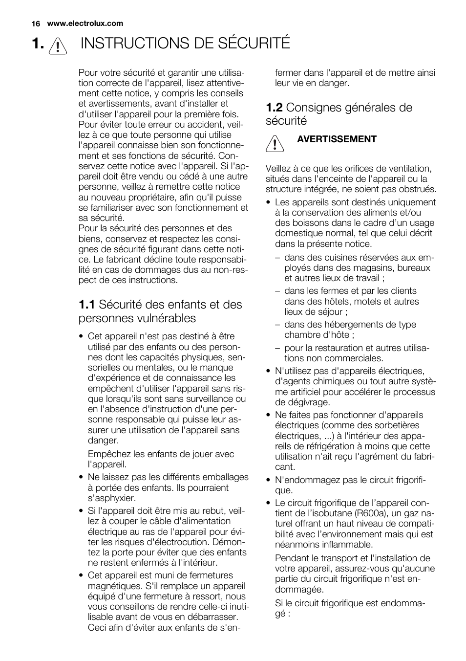 Instructions de sécurité, 2 consignes générales de sécurité | Electrolux ERG1401FOW User Manual | Page 16 / 44