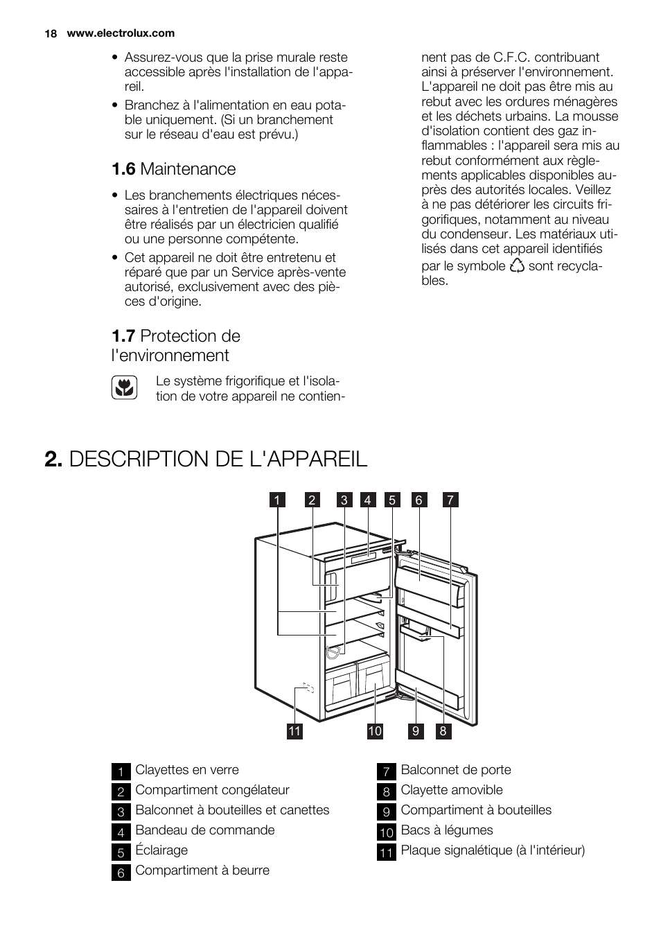 Description de l'appareil, 6 maintenance, 7 protection de l'environnement | Electrolux ERG1401FOW User Manual | Page 18 / 44